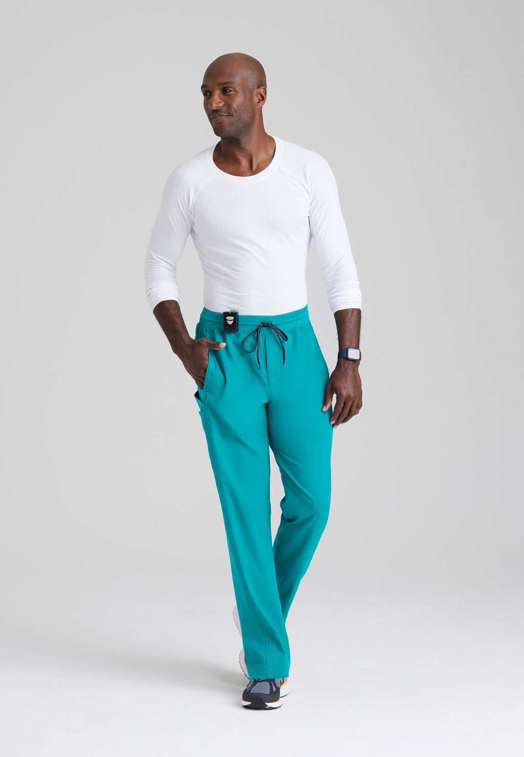 Full Body View of the Hudson Straight Leg Drawcord Pant in Teal from Grey's Anatomy™ by Barco Spandex Stretch