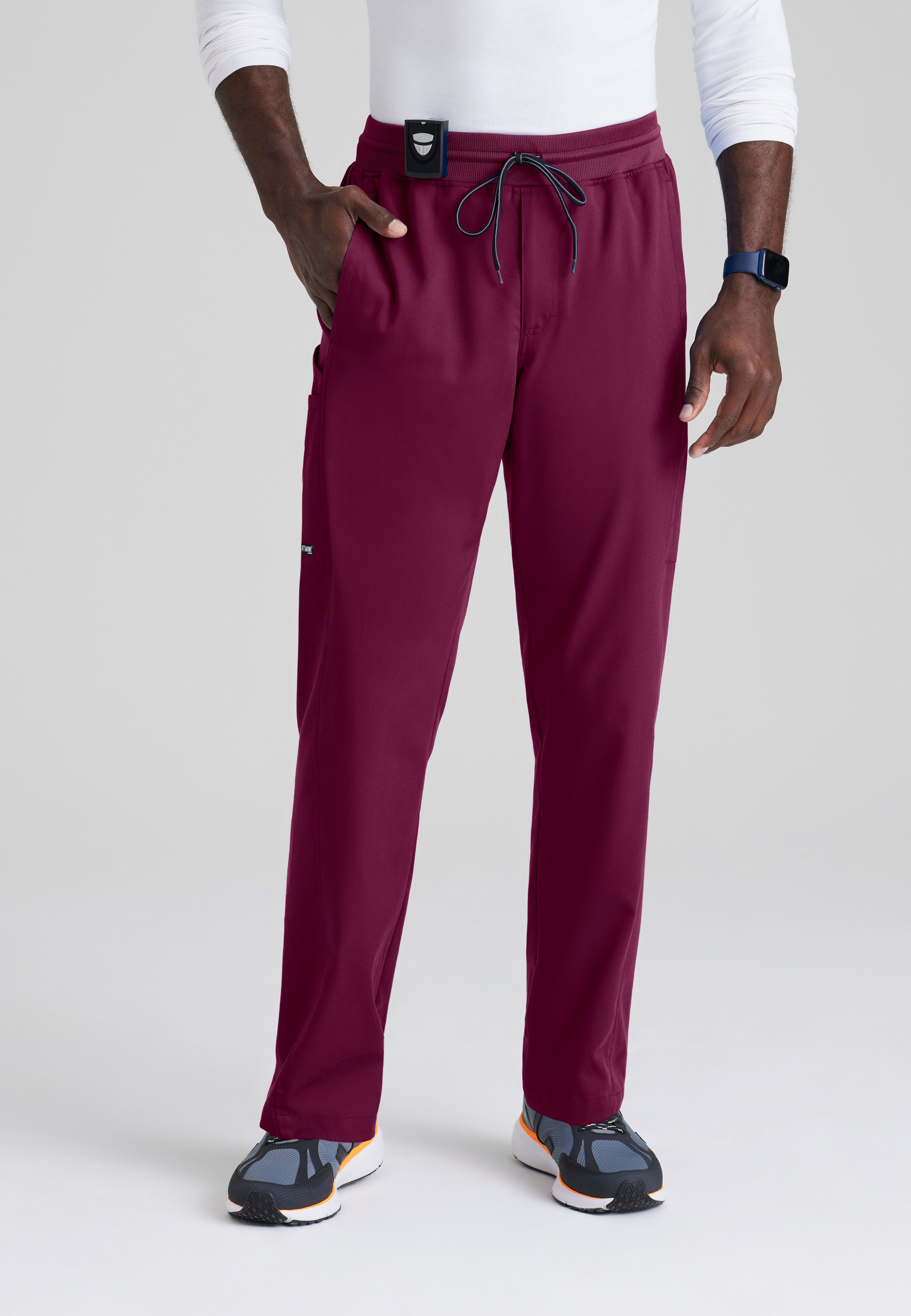 Front View of the Hudson Straight Leg Drawcord Pant in Wine from Grey's Anatomy™ by Barco Spandex Stretch