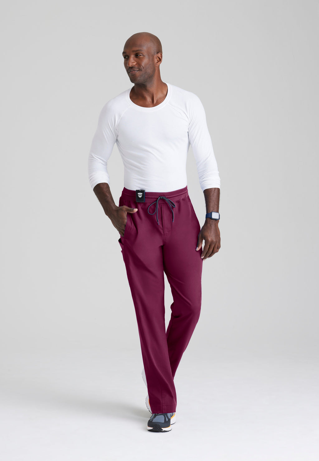 Full Body View of the Hudson Straight Leg Drawcord Pant in Wine from Grey's Anatomy™ by Barco Spandex Stretch