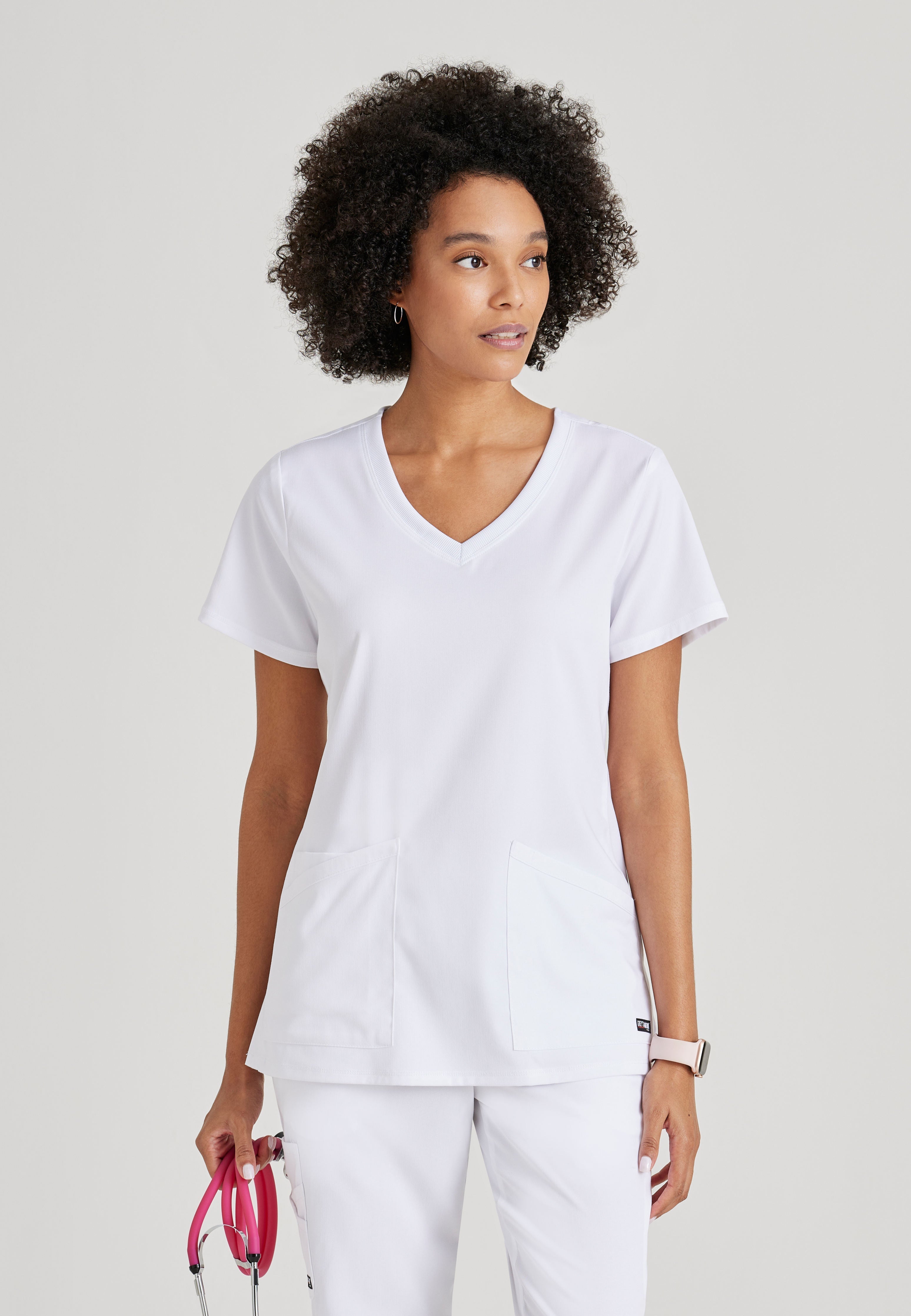 Grey's Anatomy Spandex-Stretch Women’s white V-Neck Scrub Top. 3 pockets. Buttery soft 2 way stretch fabric. 