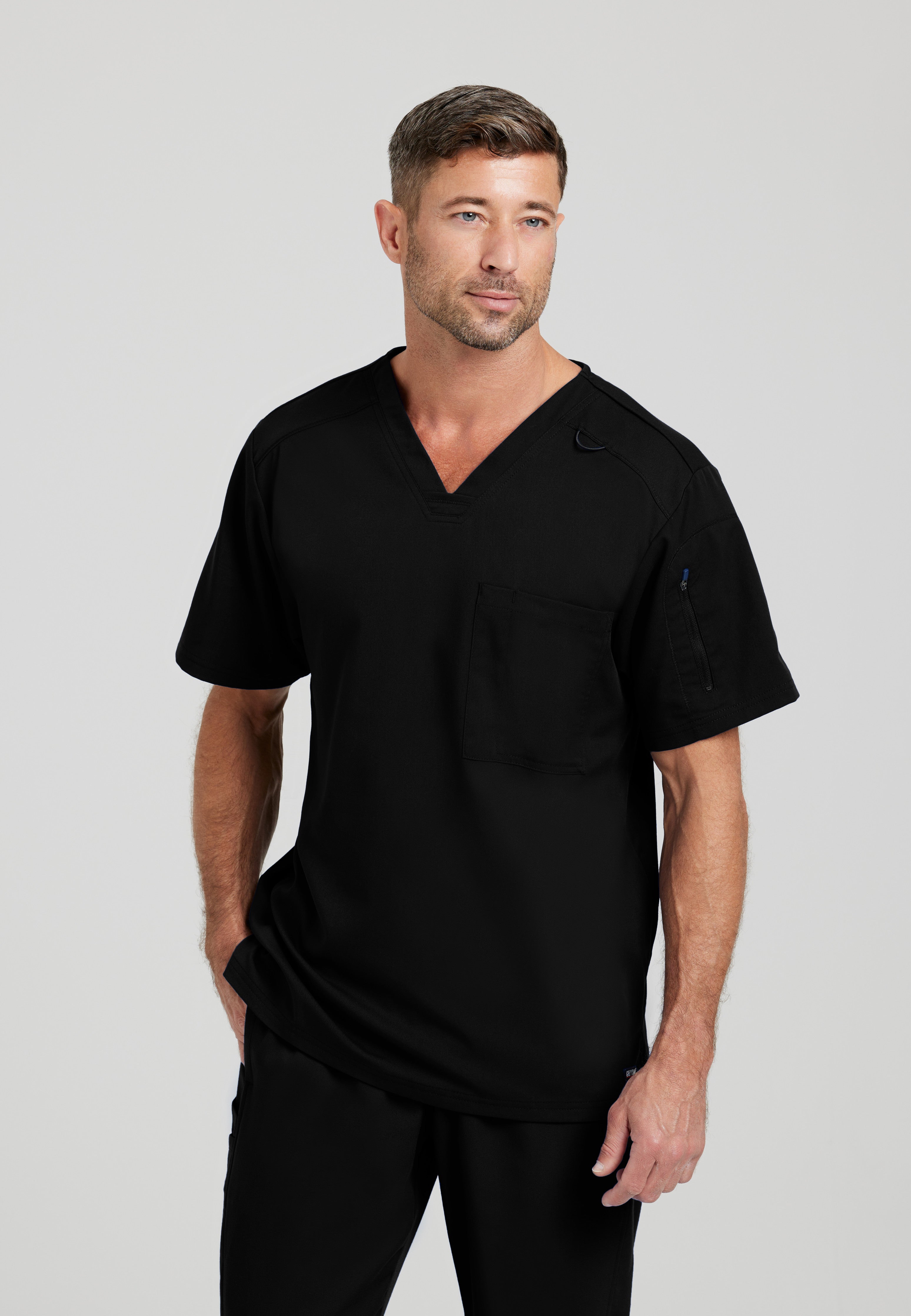 Front View of the Murphy 2-Pocket V-Neck Scrub Top in Black from Grey's Anatomy™ by Barco Spandex Stretch