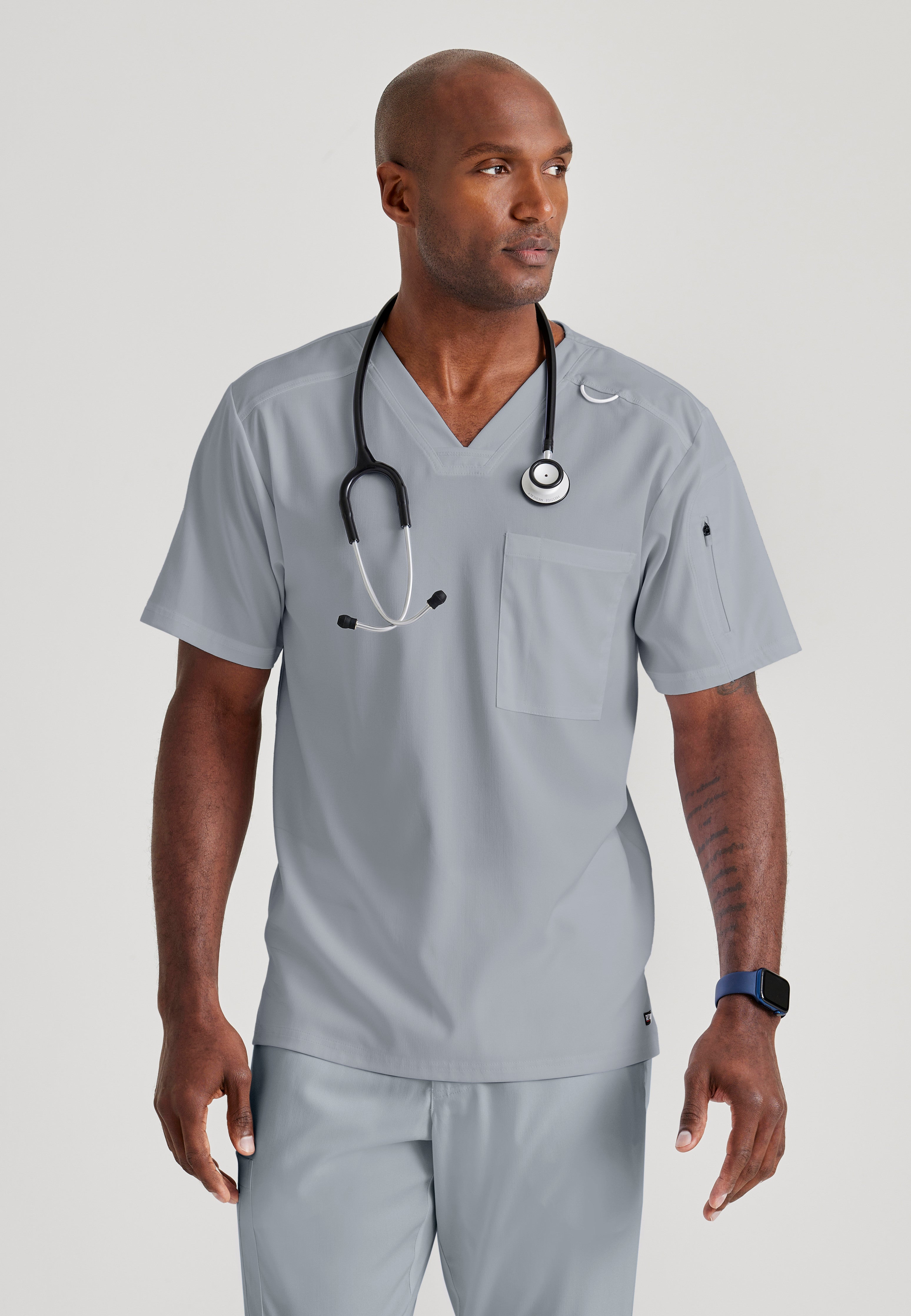 Front View of the Murphy 2-Pocket V-Neck Scrub Top in Moonstruck from Grey's Anatomy™ by Barco Spandex Stretch