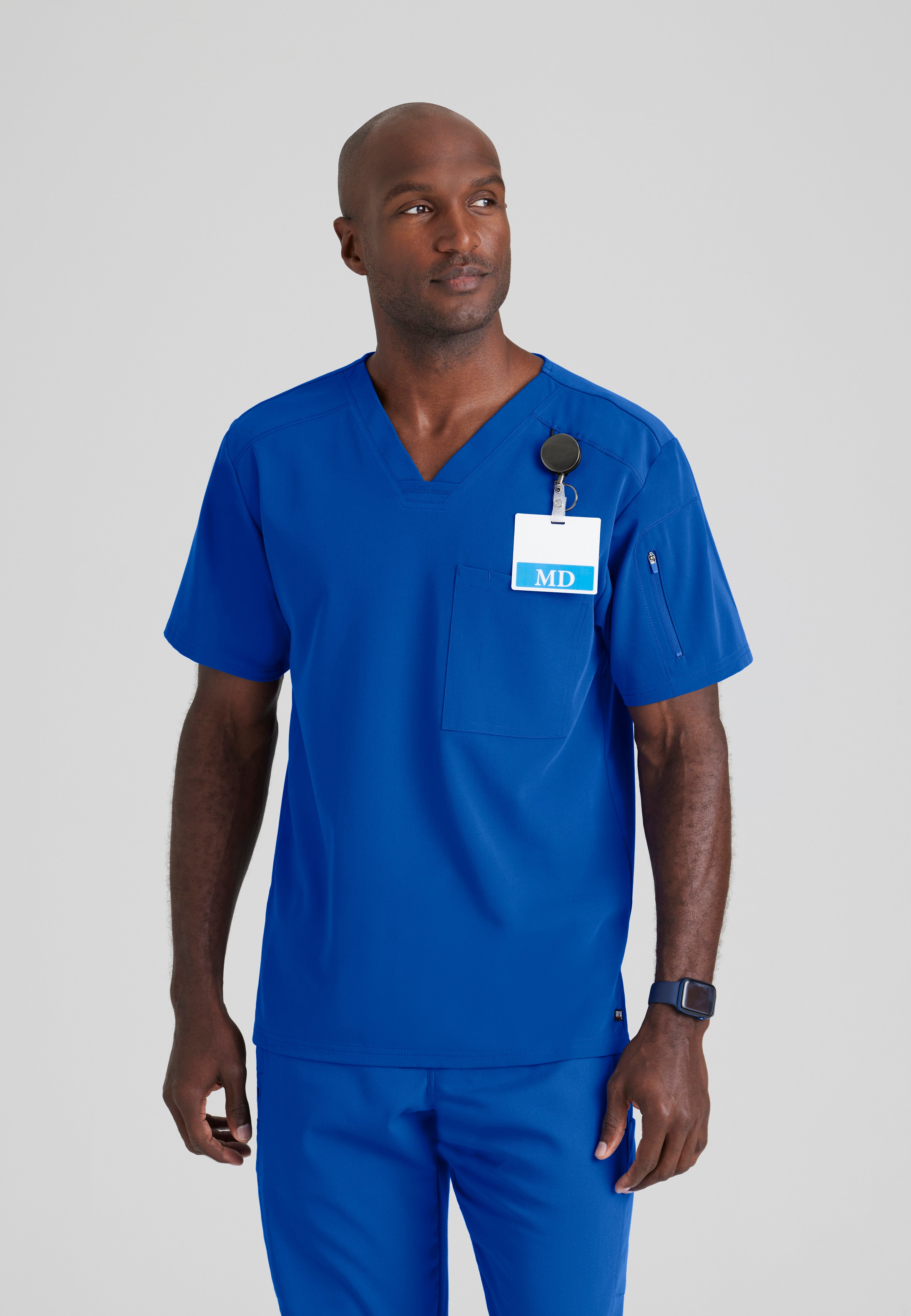 Front View of the Murphy 2-Pocket V-Neck Scrub Top in Galaxy from Grey's Anatomy™ by Barco Spandex Stretch