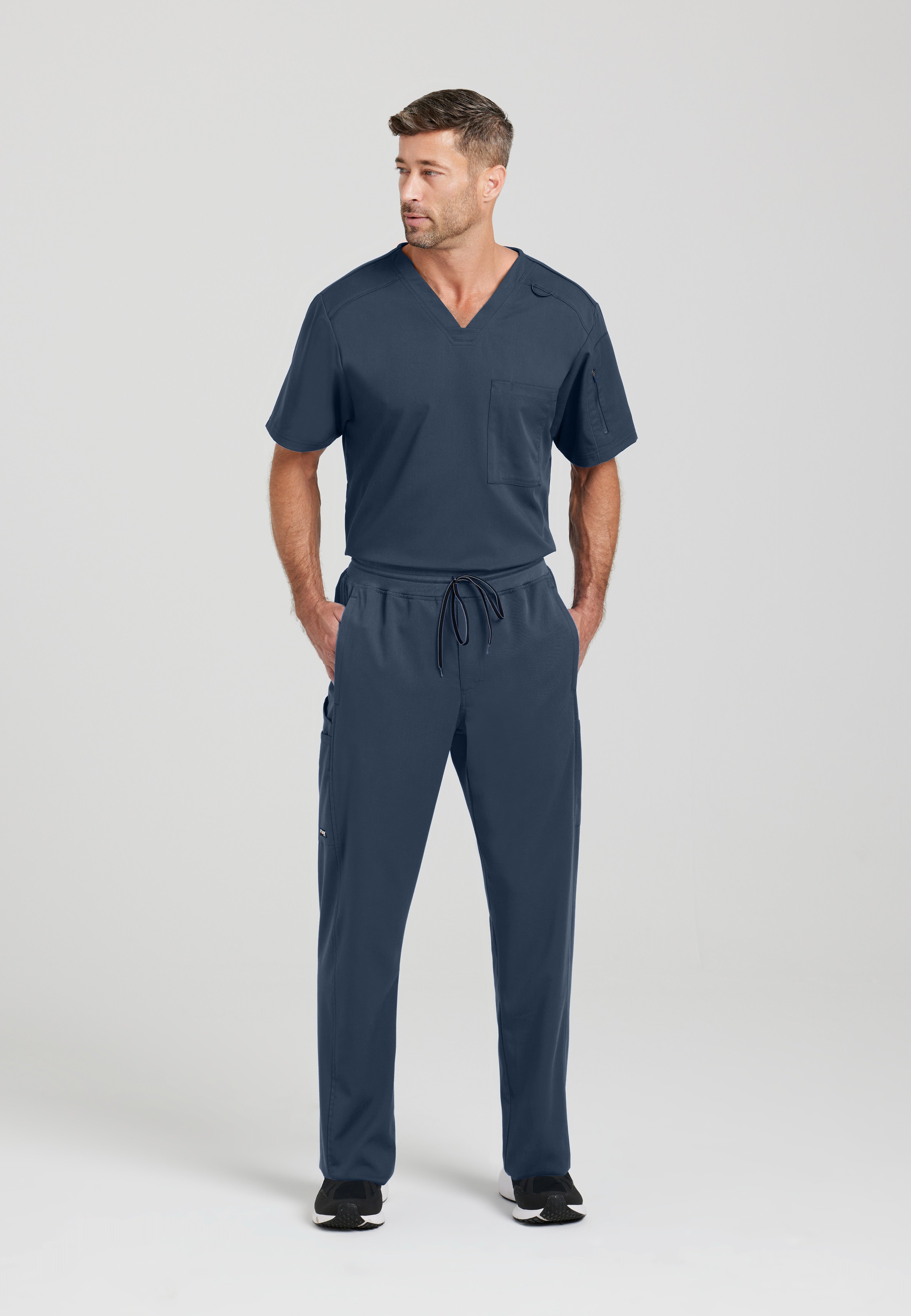 Full Body View of the Murphy 2-Pocket V-Neck Scrub Top in Steel from Grey's Anatomy™ by Barco Spandex Stretch