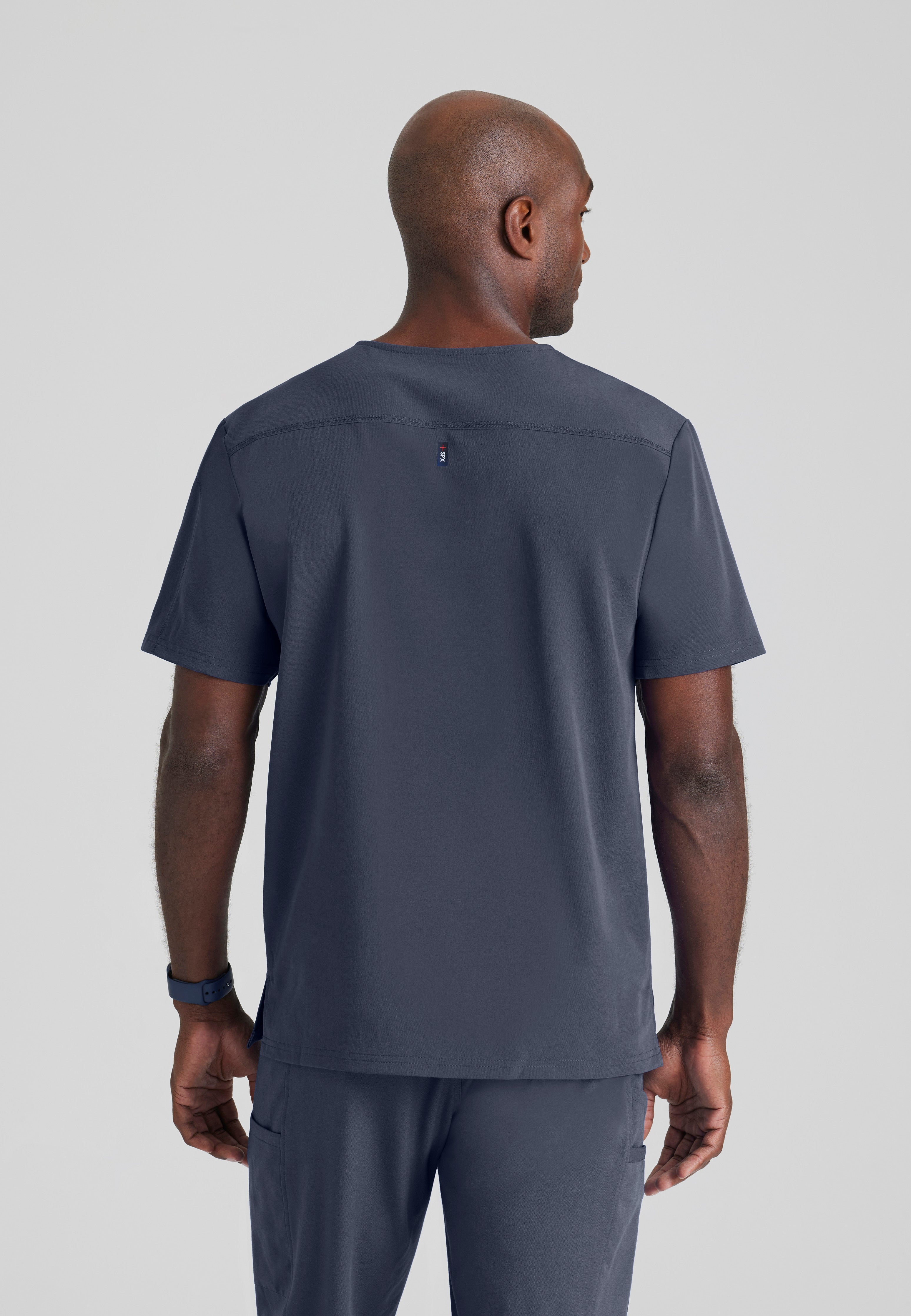 Back View of the Murphy 2-Pocket V-Neck Scrub Top in Steel from Grey's Anatomy™ by Barco Spandex Stretch
