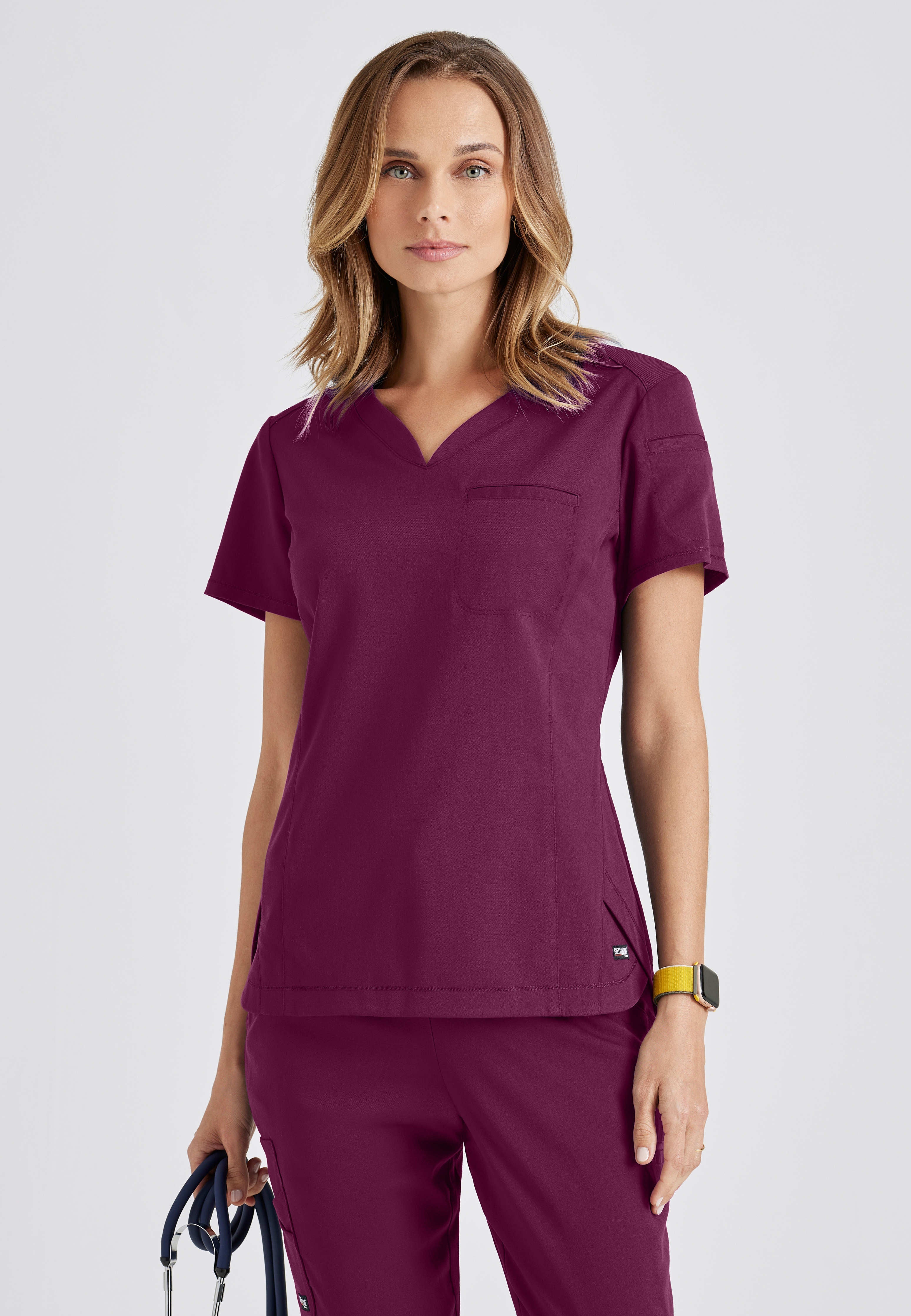 Grey's Anatomy Spandex-Stretch Women's wine red 2 Pocket V-Neck Tuck In Top