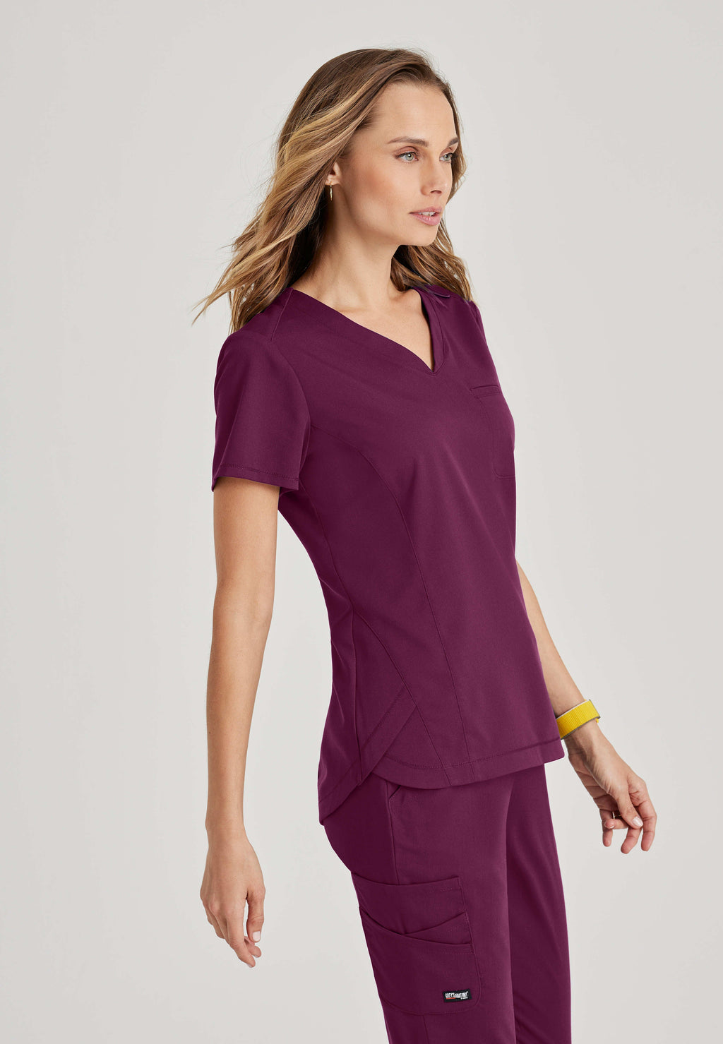 Grey's Anatomy Spandex-Stretch Women's wine red 2 Pocket V-Neck Tuck In Top