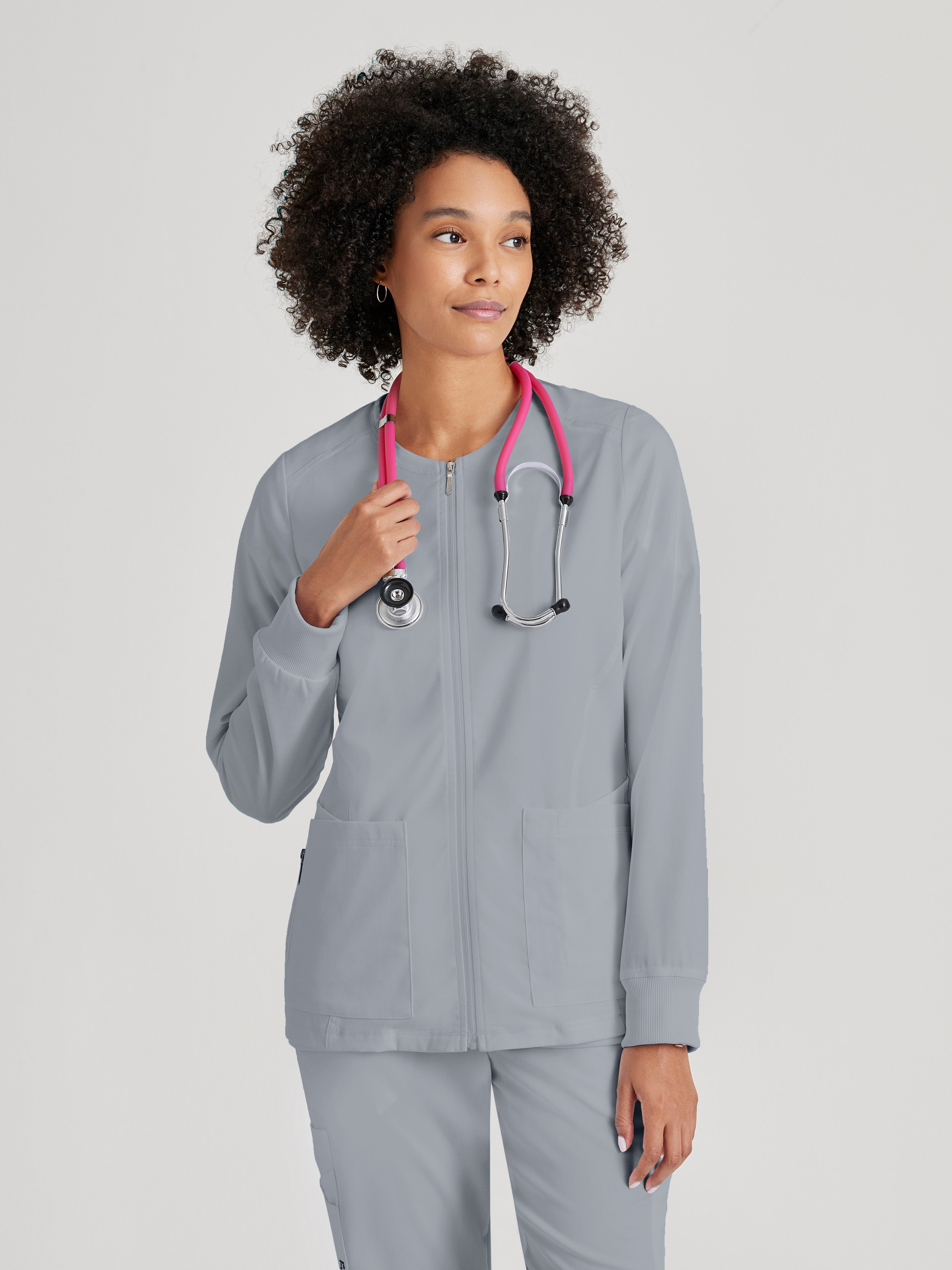 Front View of the Gianna 5-Pocket Crewneck Scrub Jacket in Moonstruck from Grey's Anatomy™ by Barco Spandex Stretch