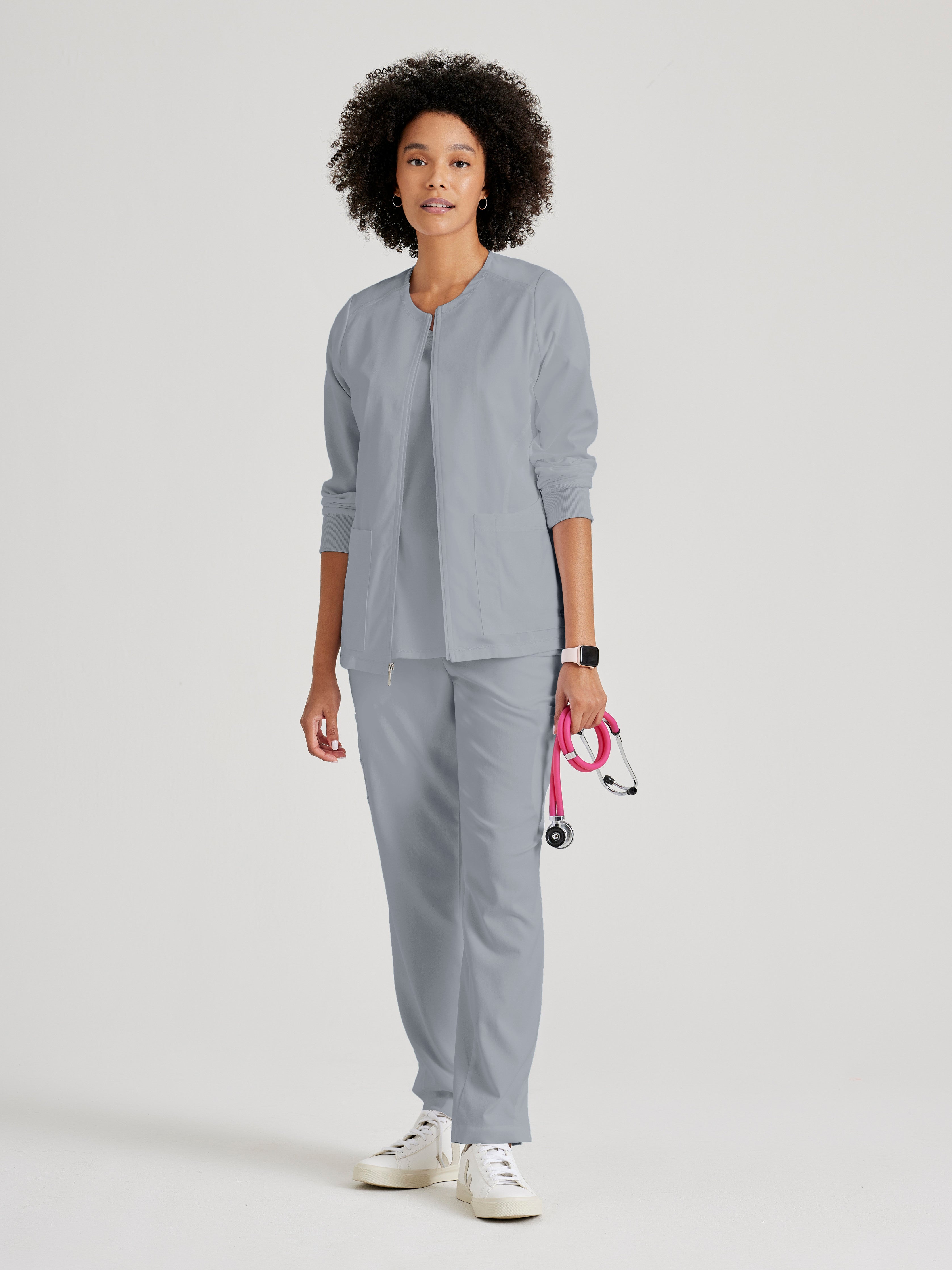 Full Body View of the Gianna 5-Pocket Crewneck Scrub Jacket in Moonstruck from Grey's Anatomy™ by Barco Spandex Stretch