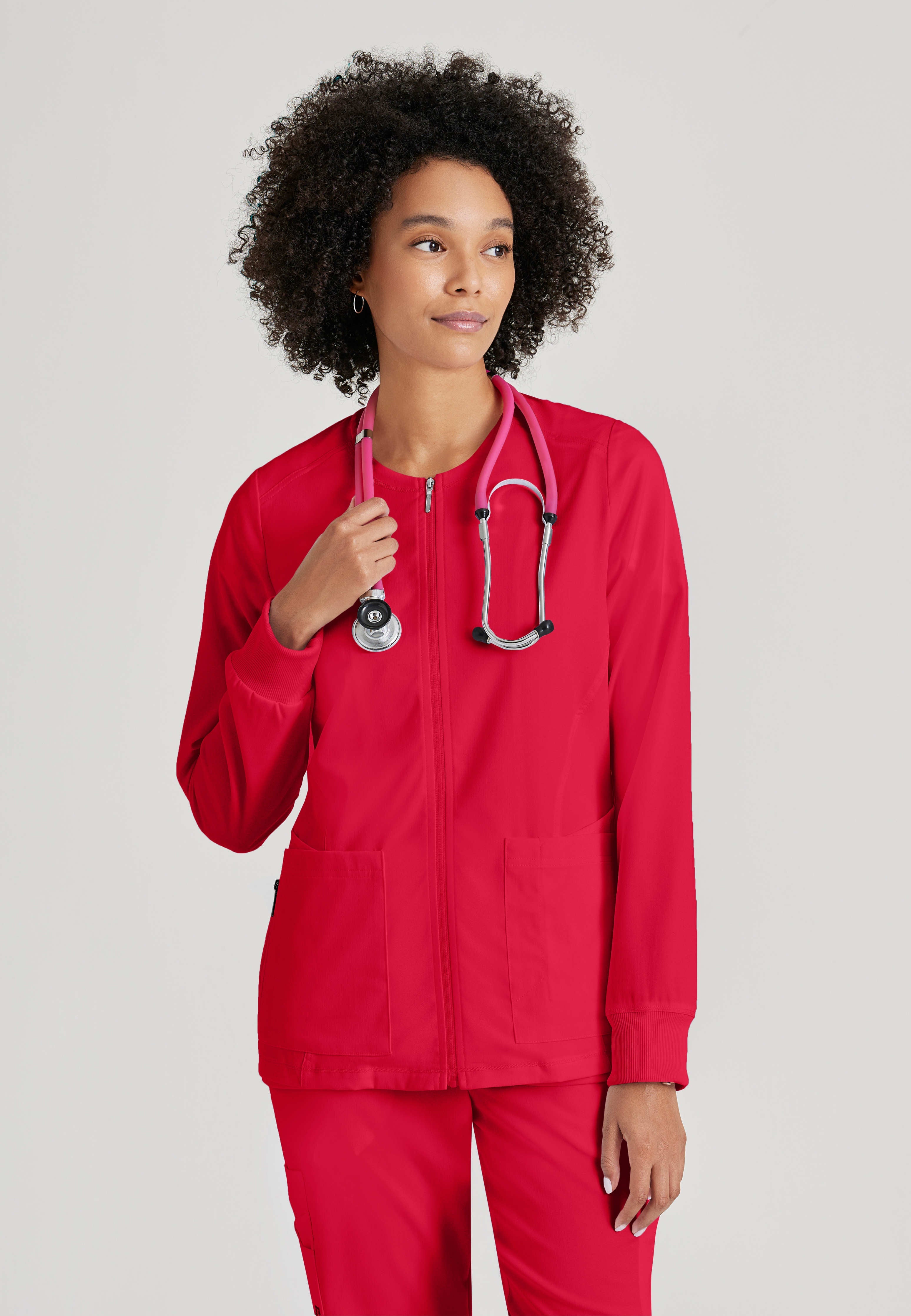 Front View of the Gianna 5-Pocket Crewneck Scrub Jacket in Scarlet Red from Grey's Anatomy™ by Barco Spandex Stretch