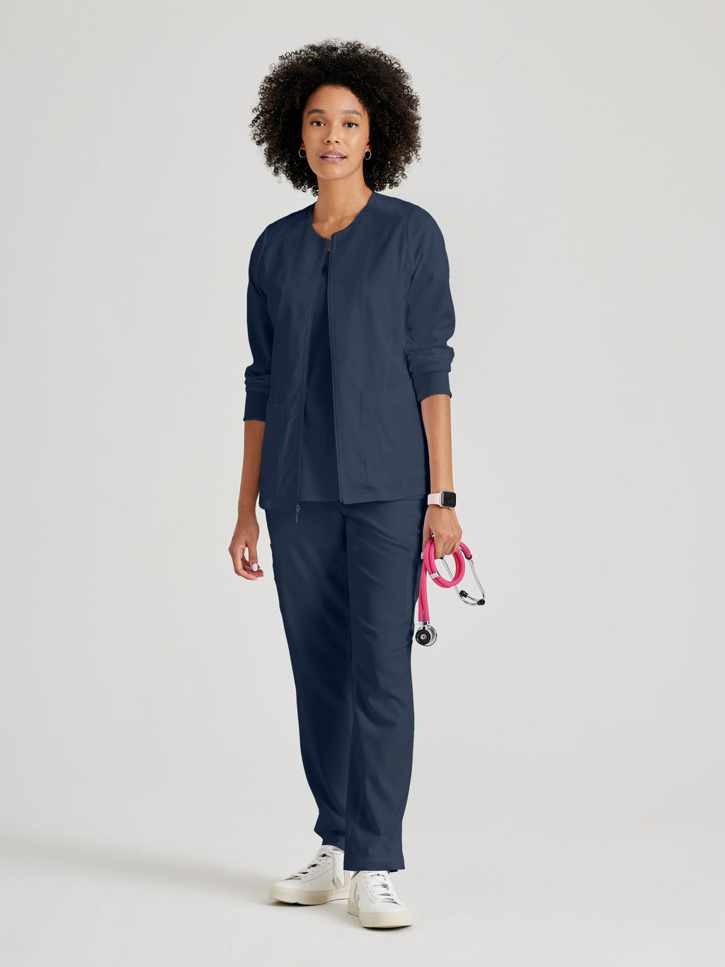 Full Body View of the Gianna 5-Pocket Crewneck Scrub Jacket in Steel from Grey's Anatomy™ by Barco Spandex Stretch