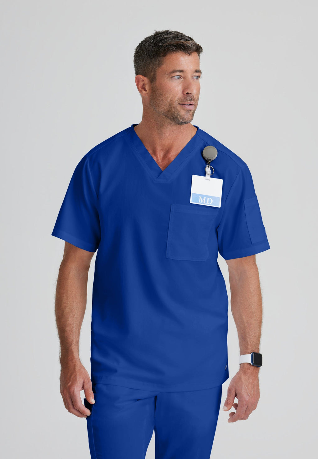 Front View of the Evan 2-Pocket V-Neck Scrub Top in Galaxy from Grey's Anatomy™ by Barco Classic