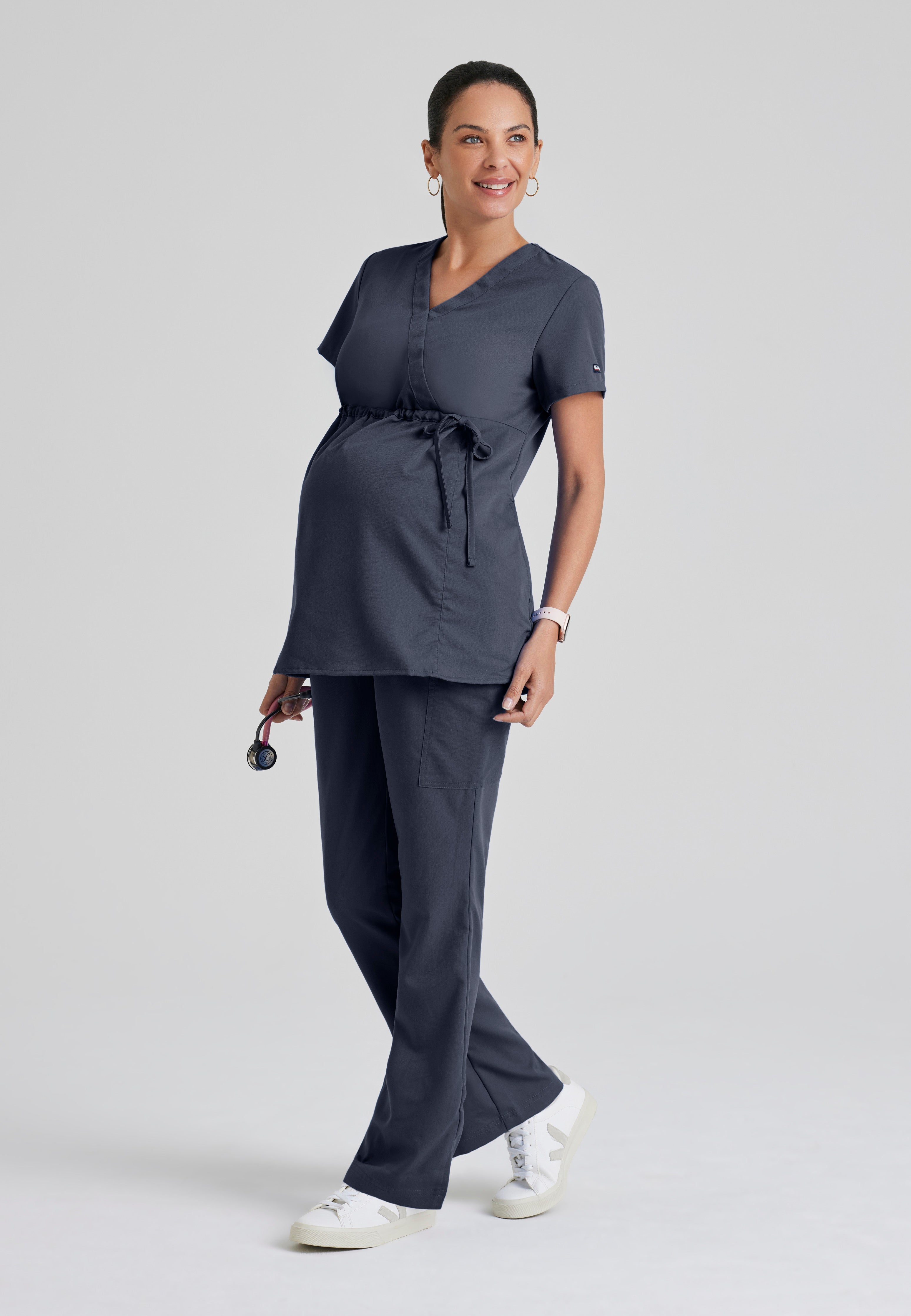 Full Body View of the Lilah 2-Pocket Mock Wrap Maternity Scrub Top in Steel from Grey's Anatomy™ by Barco Classic