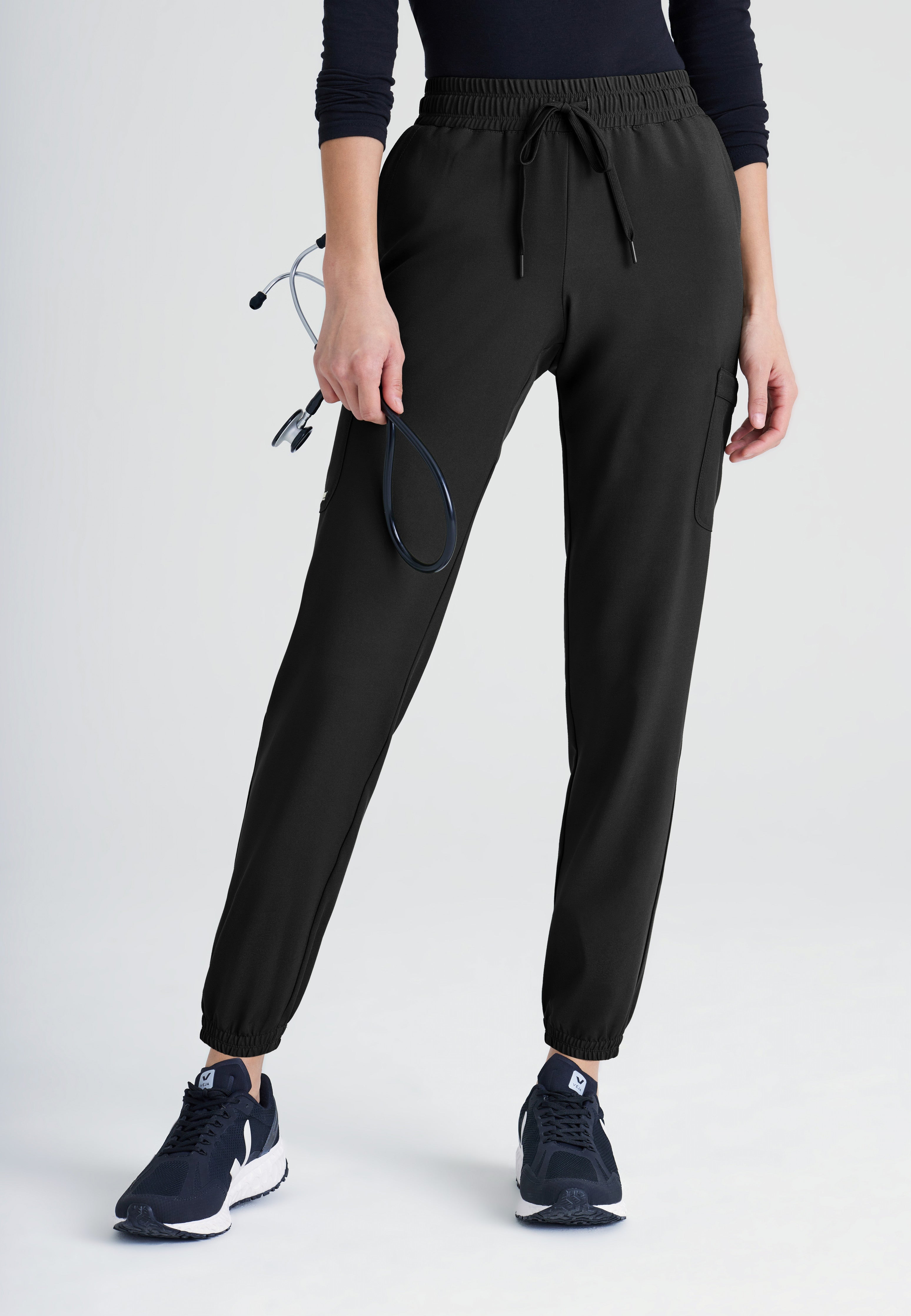 Front View of the Terra 6-Pocket Mid-Rise Ciclo® Jogger Scrub Pant in Black from Grey's Anatomy™ by Barco Evolve