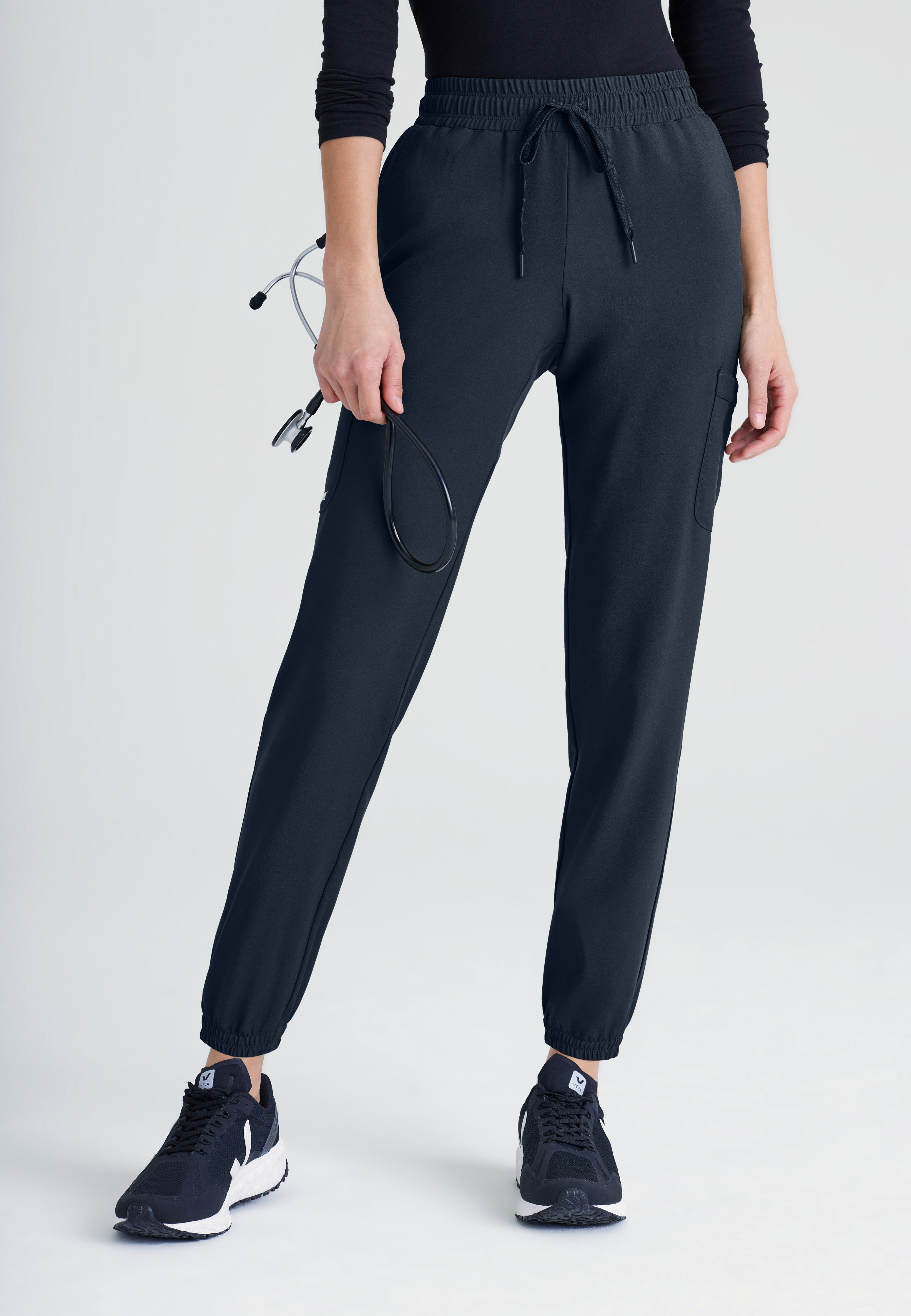 Front View of the Terra 6-Pocket Mid-Rise Ciclo® Jogger Scrub Pant in Steel from Grey's Anatomy™ by Barco Evolve