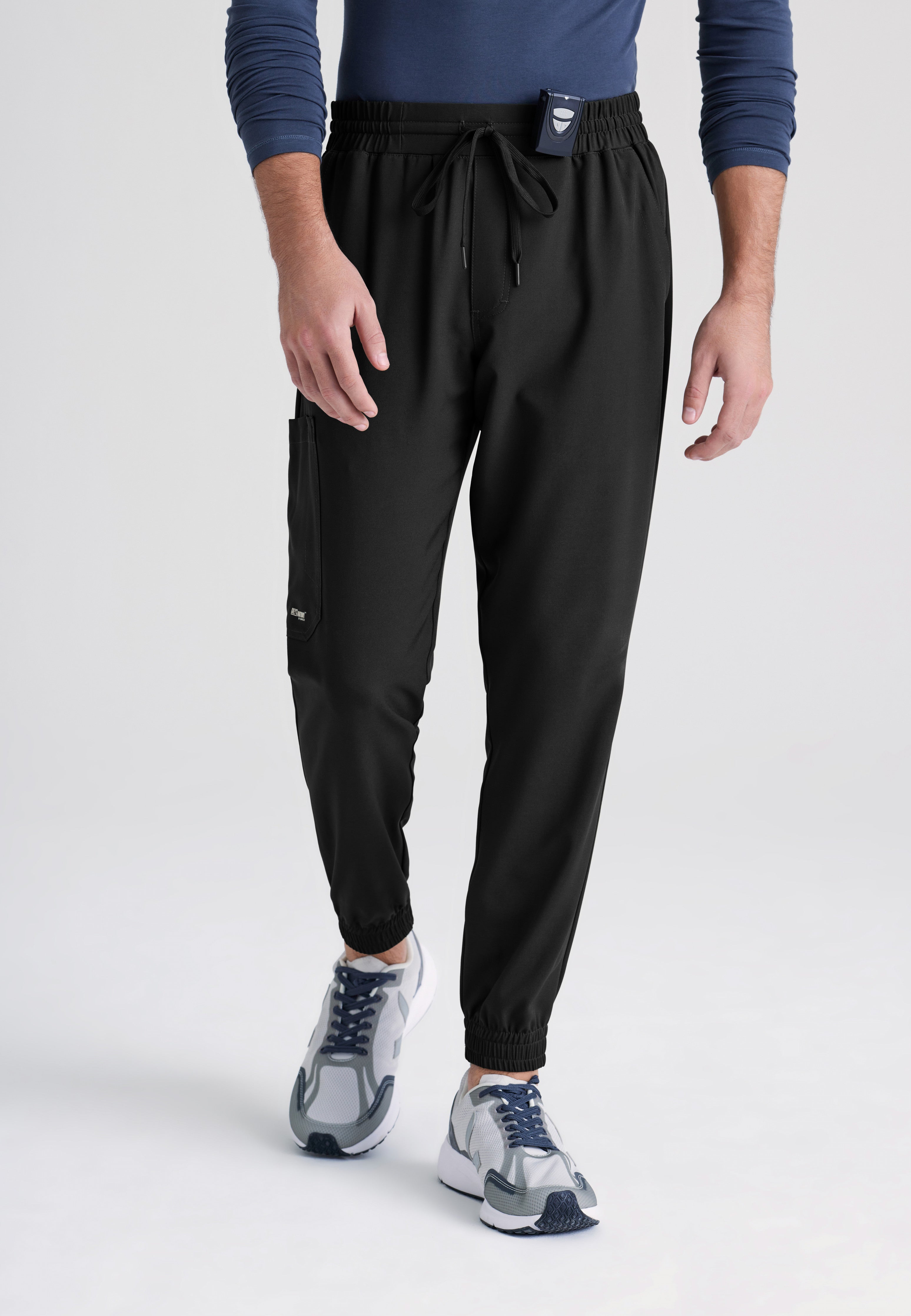 Front View of the Voyager 5-Pocket Jogger Scrub Pant in Black from Grey's Anatomy™ by Barco Evolve