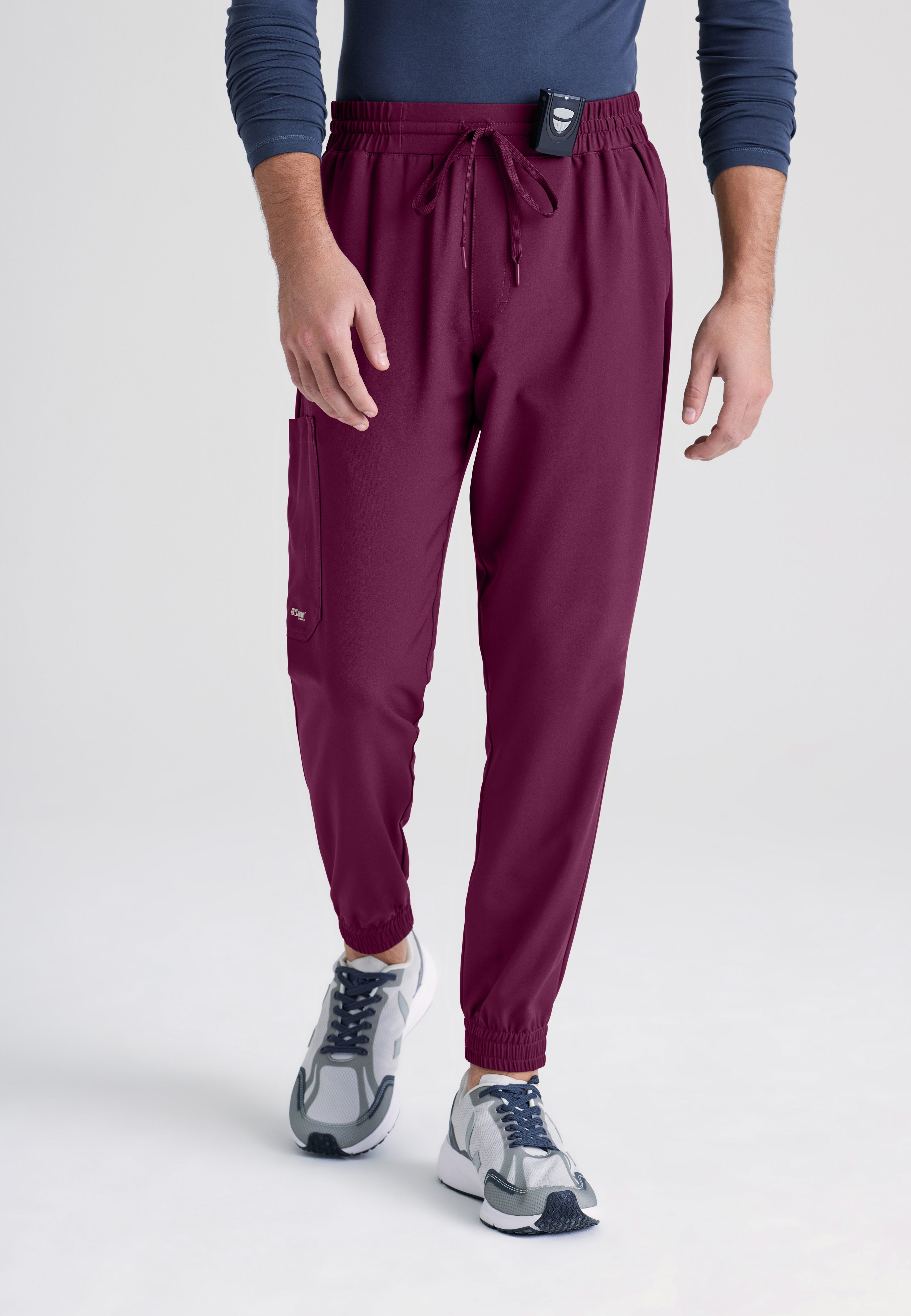 Front View of the Voyager 5-Pocket Jogger Scrub Pant in Wine from Grey's Anatomy™ by Barco Evolve