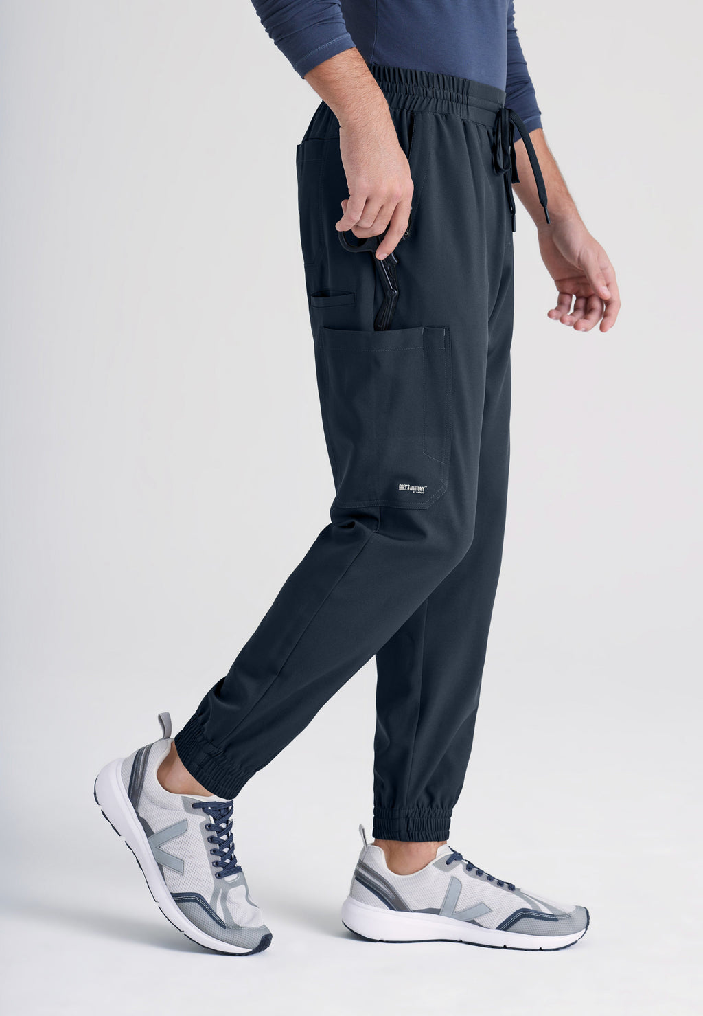 Side View of the Voyager 5-Pocket CICLO® Jogger Scrub Pant in Steel from Grey's Anatomy™ by Barco Evolve