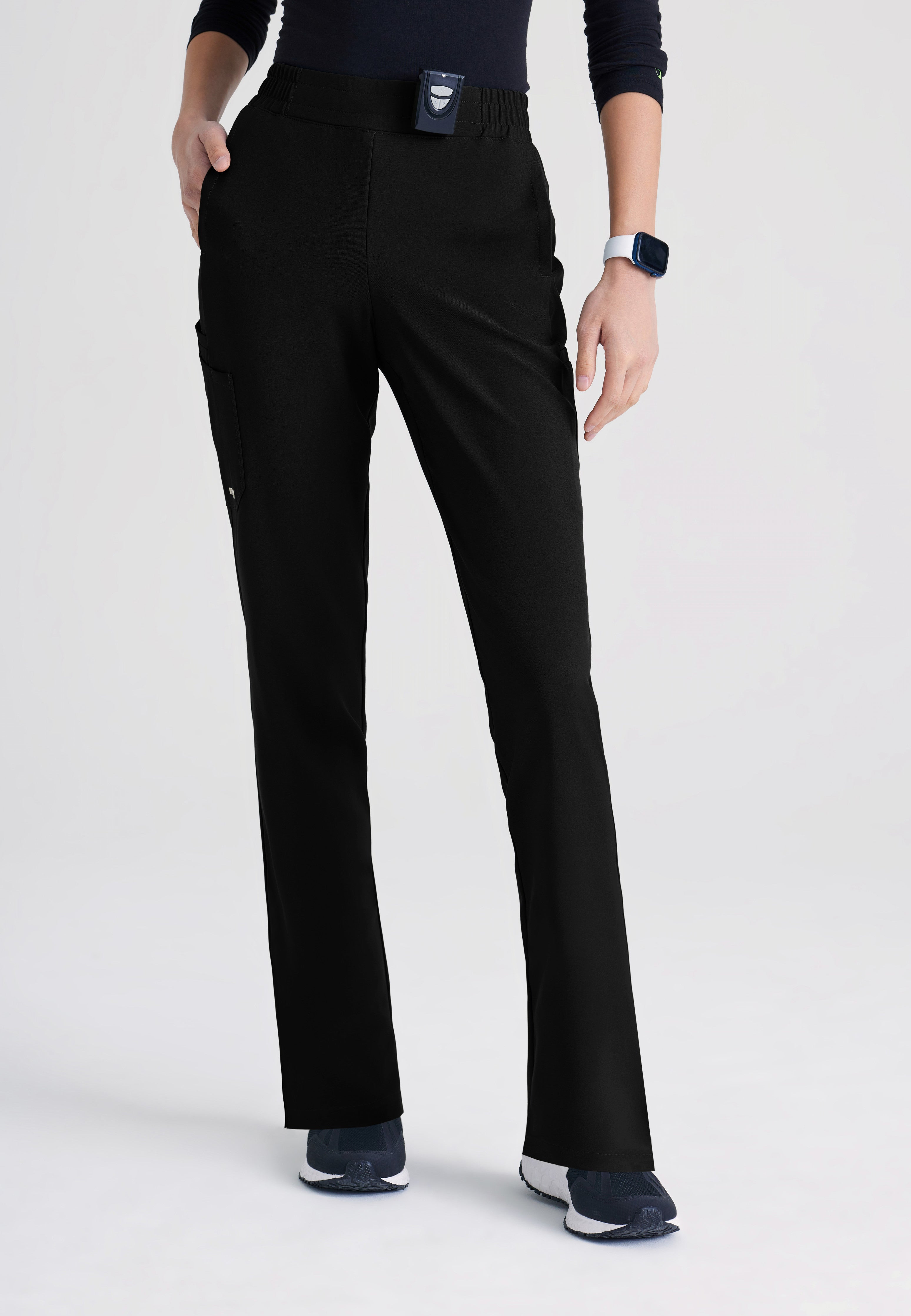 Front View of the Cosmo 6-Pocket Mid-Rise Tapered Leg Ciclo® Scrub Pant in Black from Grey's Anatomy™ by Barco Evolve