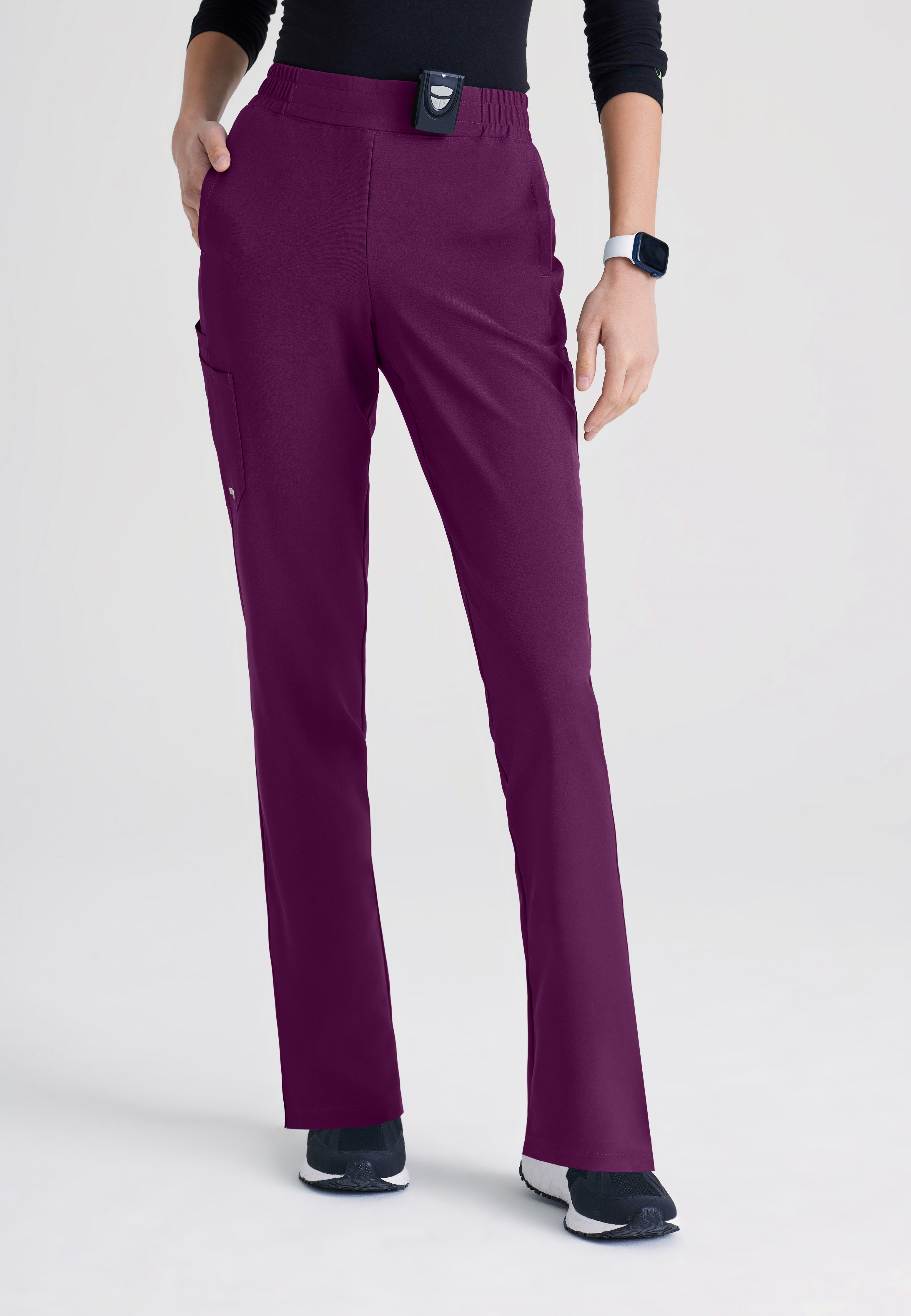 Front View of the Cosmo 6-Pocket Mid-Rise Tapered Leg Ciclo® Scrub Pant in Wine from Grey's Anatomy™ by Barco Evolve
