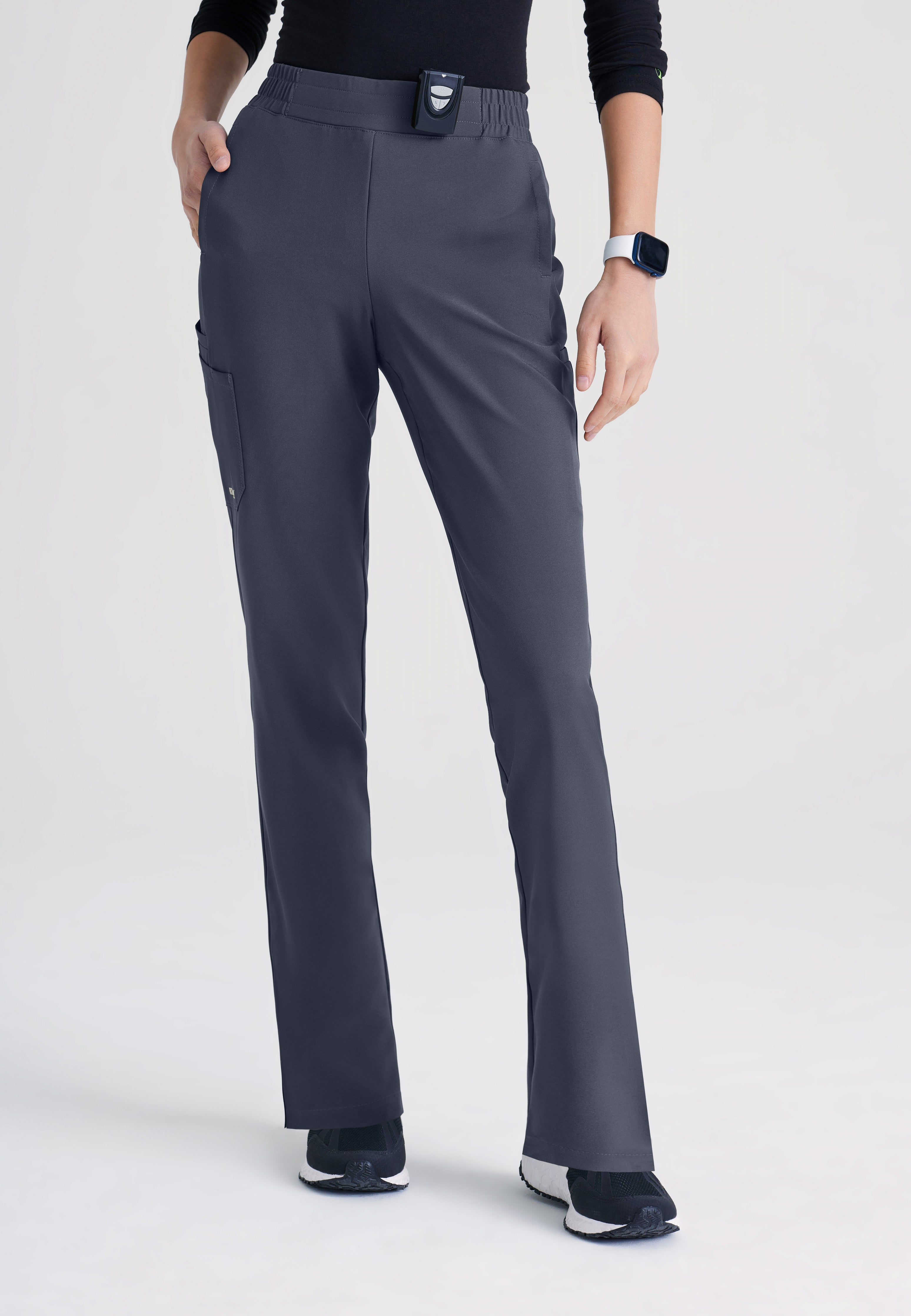 Front View of the Cosmo 6-Pocket Mid-Rise Tapered Leg Ciclo® Scrub Pant in Steel from Grey's Anatomy™ by Barco Evolve