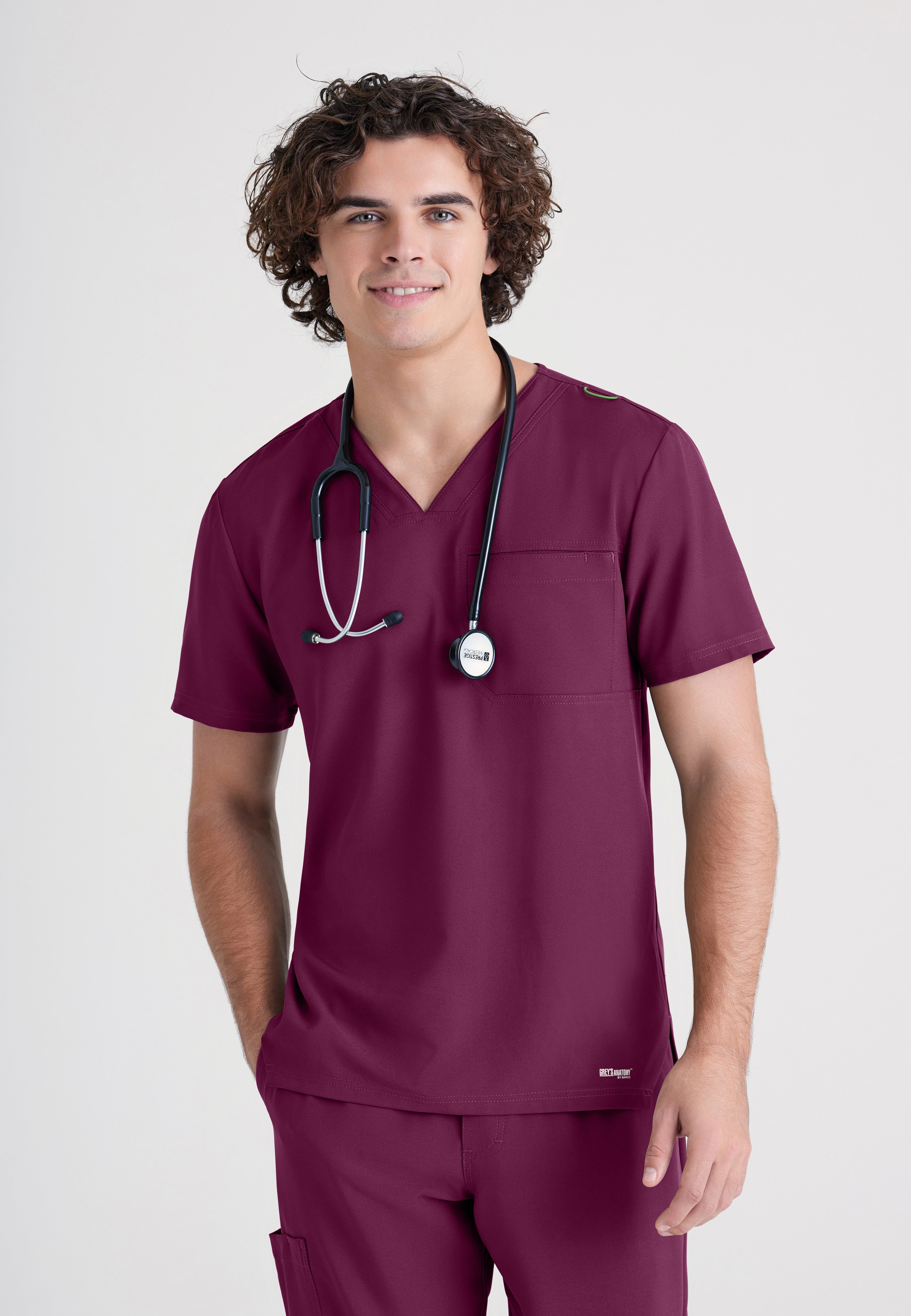 Front View of the Journey 1-Pocket Ciclo® Scrub Top in Wine from Grey's Anatomy™ by Barco Evolve