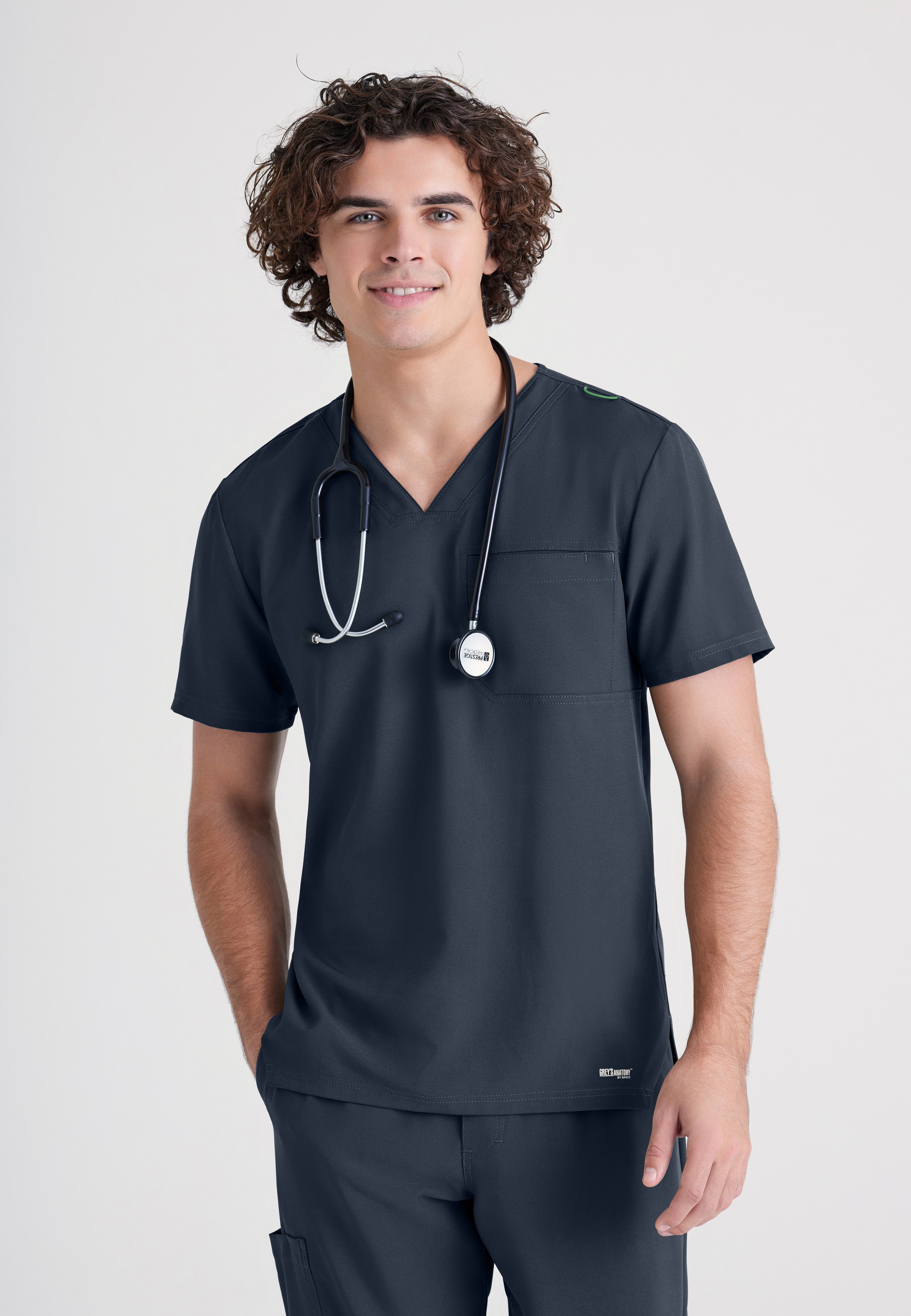 Front View of the Journey 1-Pocket Ciclo® Scrub Top in Steel from Grey's Anatomy™ by Barco Evolve