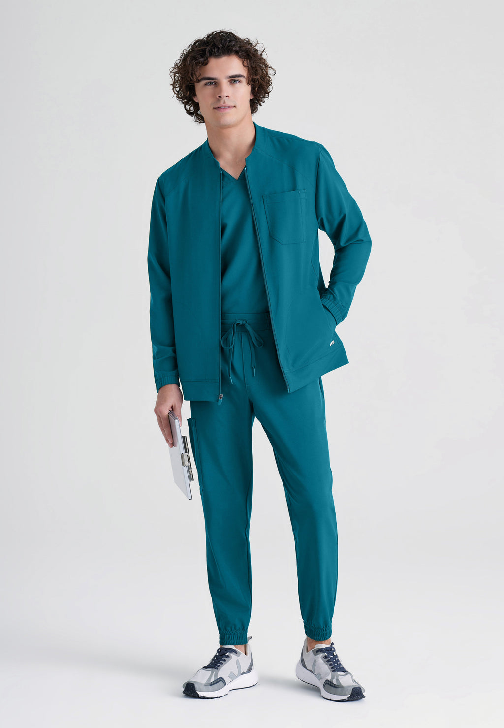 Full Body View of the Cycle 3-Pocket Crewneck Ciclo® Scrub Jacket in Bahama from Grey's Anatomy™ by Barco Evolve