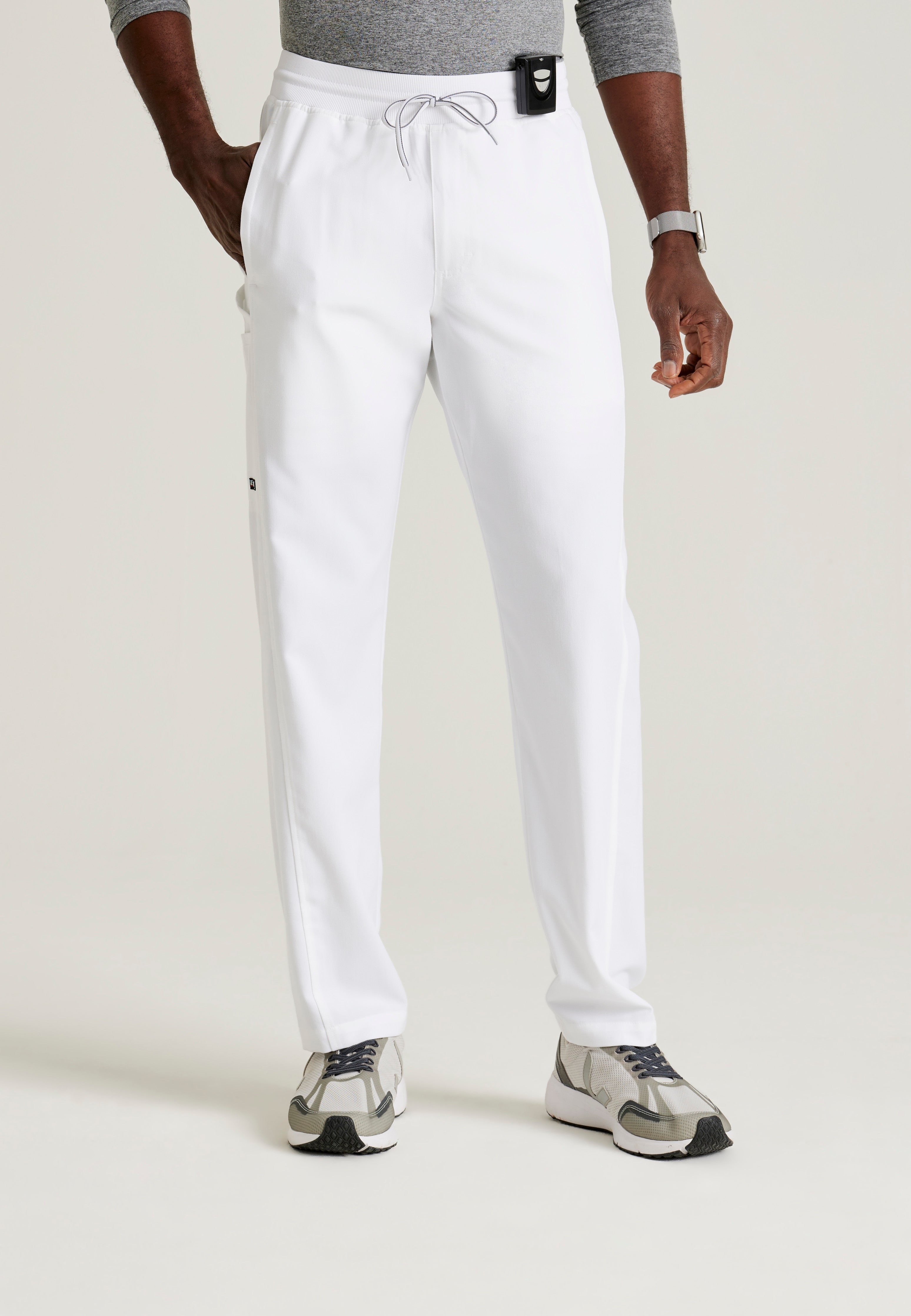 Front View of the Hudson Straight Leg Drawcord Pant in White from Grey's Anatomy™ by Barco Spandex Stretch