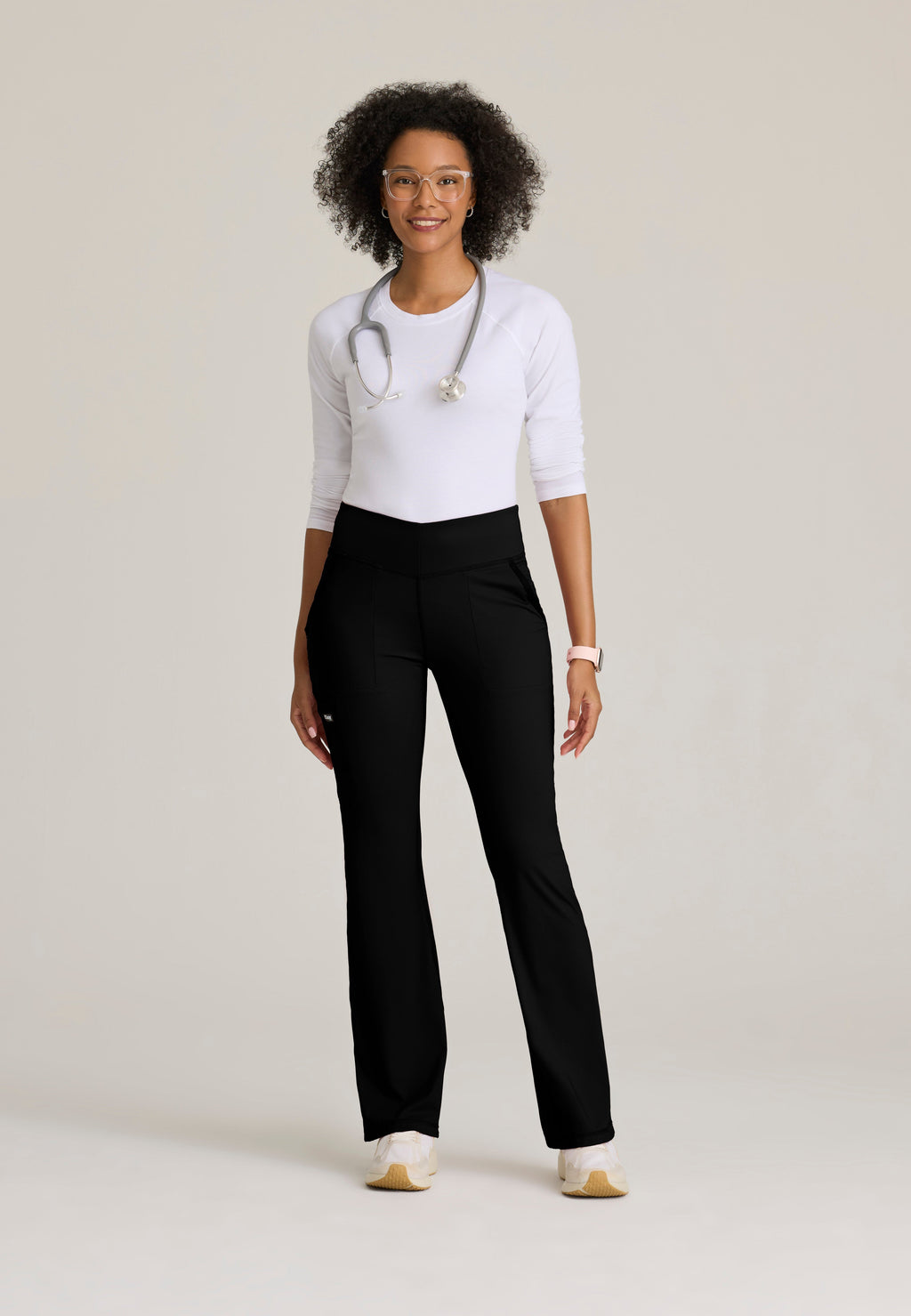 Full Body View of the Swift V-Front Knit Pant in Black from Grey's Anatomy™ by Barco Knit Stretch