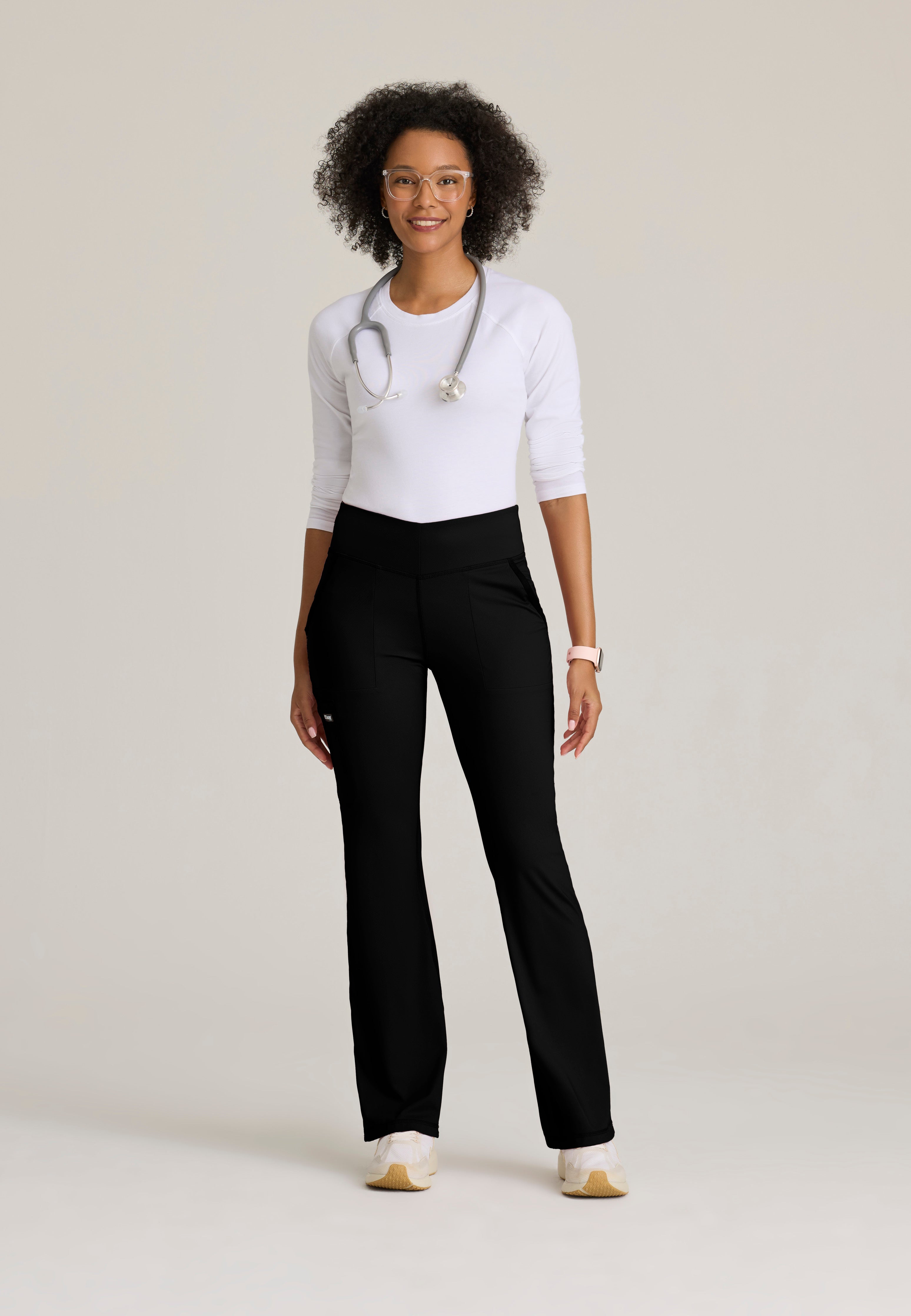Full Body View of the Swift V-Front Knit Pant in Black from Grey's Anatomy™ by Barco Knit Stretch