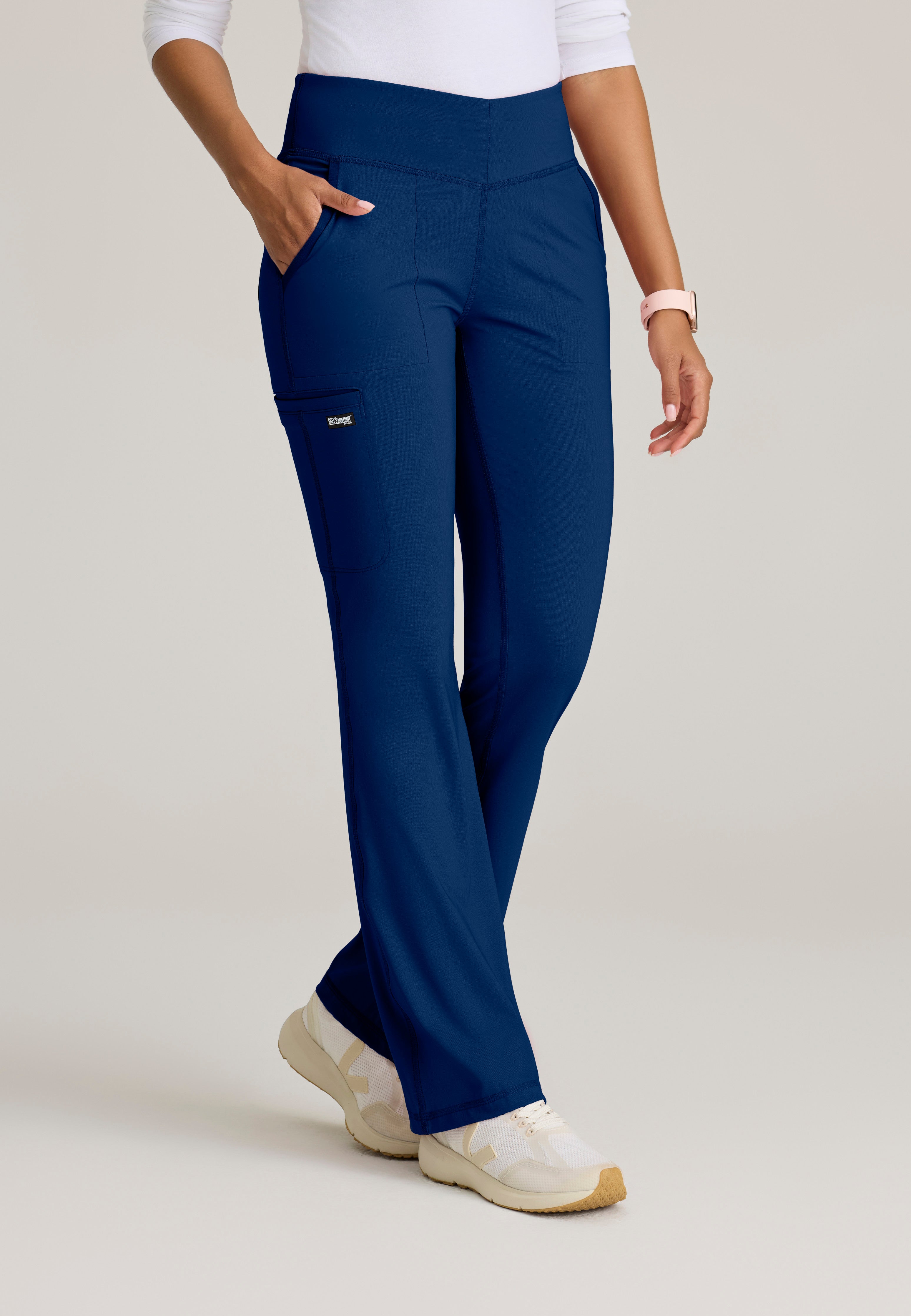 Front View of the Swift V-Front Knit Pant in Indigo from Grey's Anatomy™ by Barco Knit Stretch