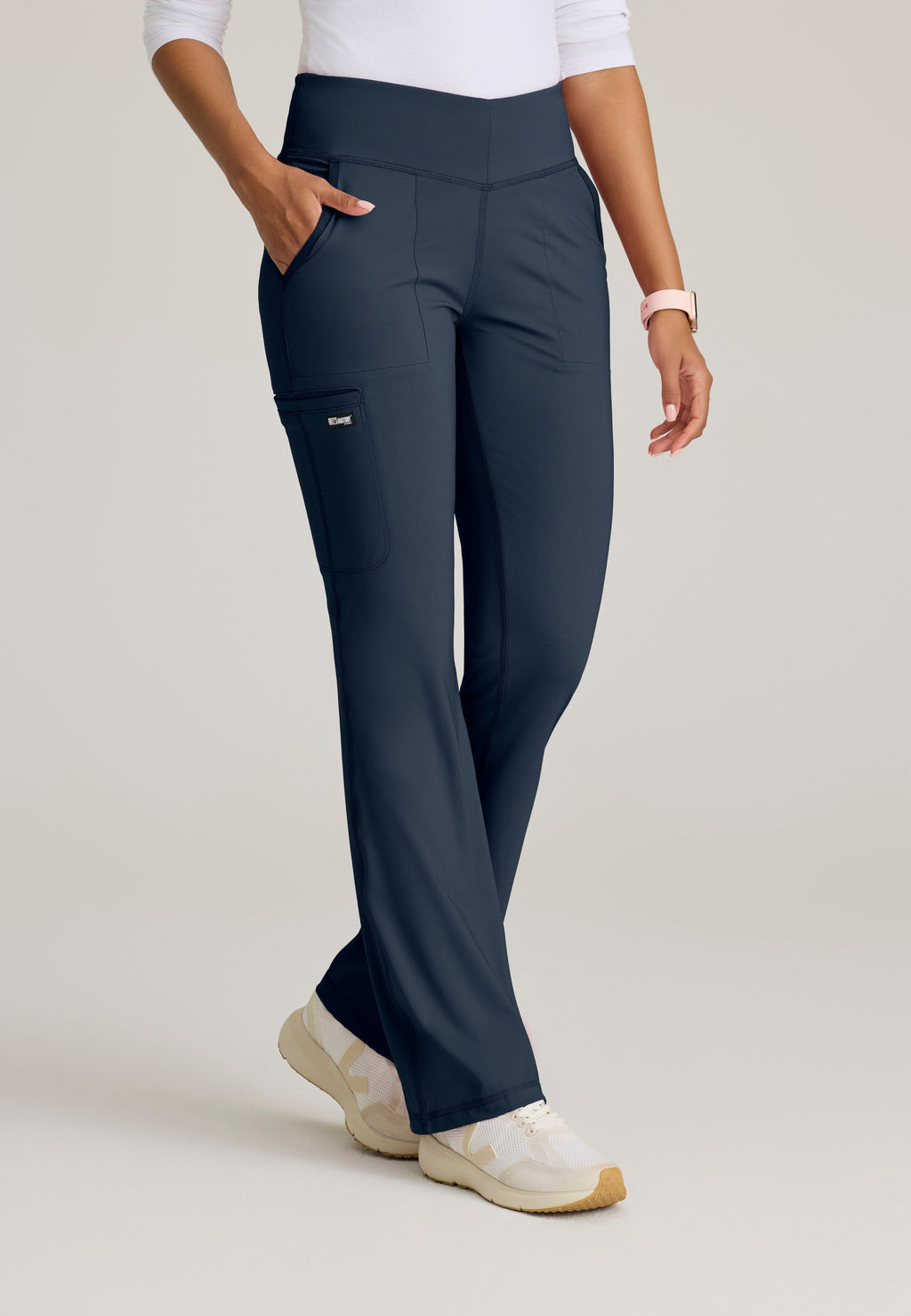 Front View of the Swift V-Front Knit Pant in Steel from Grey's Anatomy™ by Barco Knit Stretch