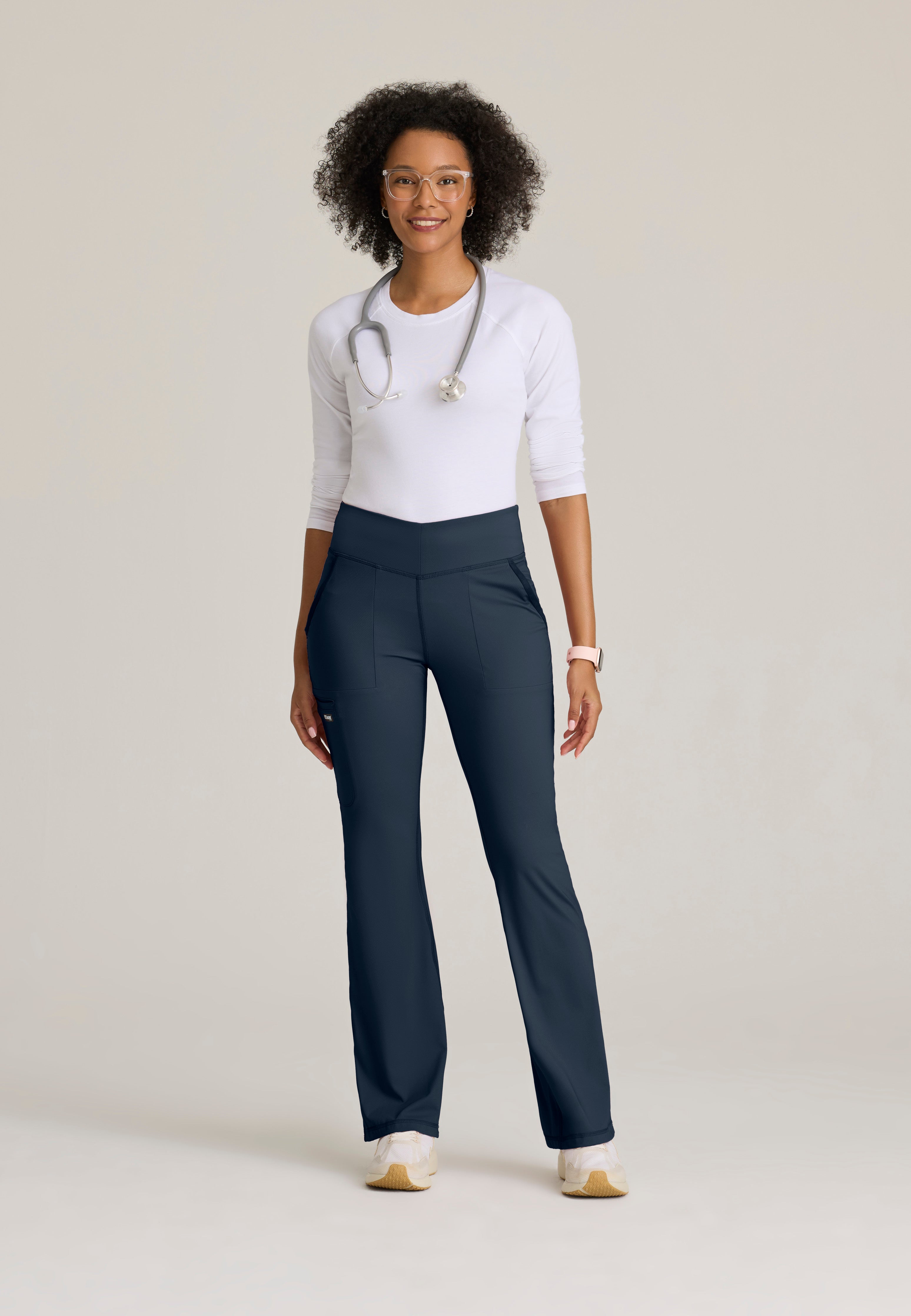 Full Body View of the Swift V-Front Knit Pant in Steel from Grey's Anatomy™ by Barco Knit Stretch