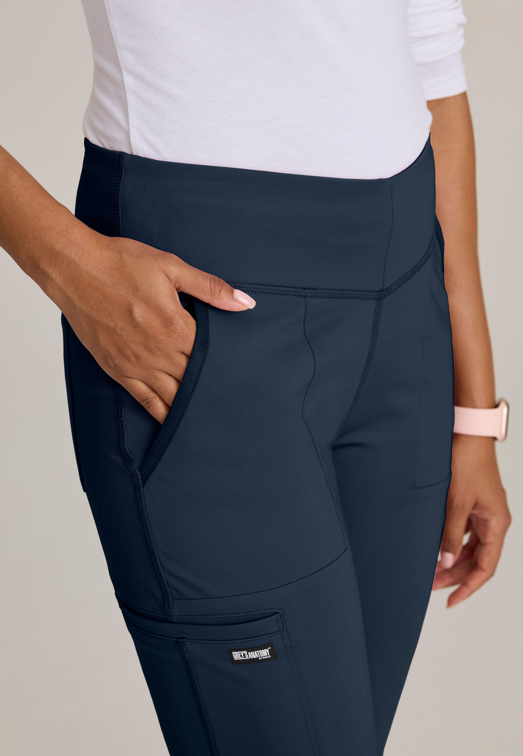 Detail Shot of the Swift V-Front Knit Pant in Steel from Grey's Anatomy™ by Barco Knit Stretch