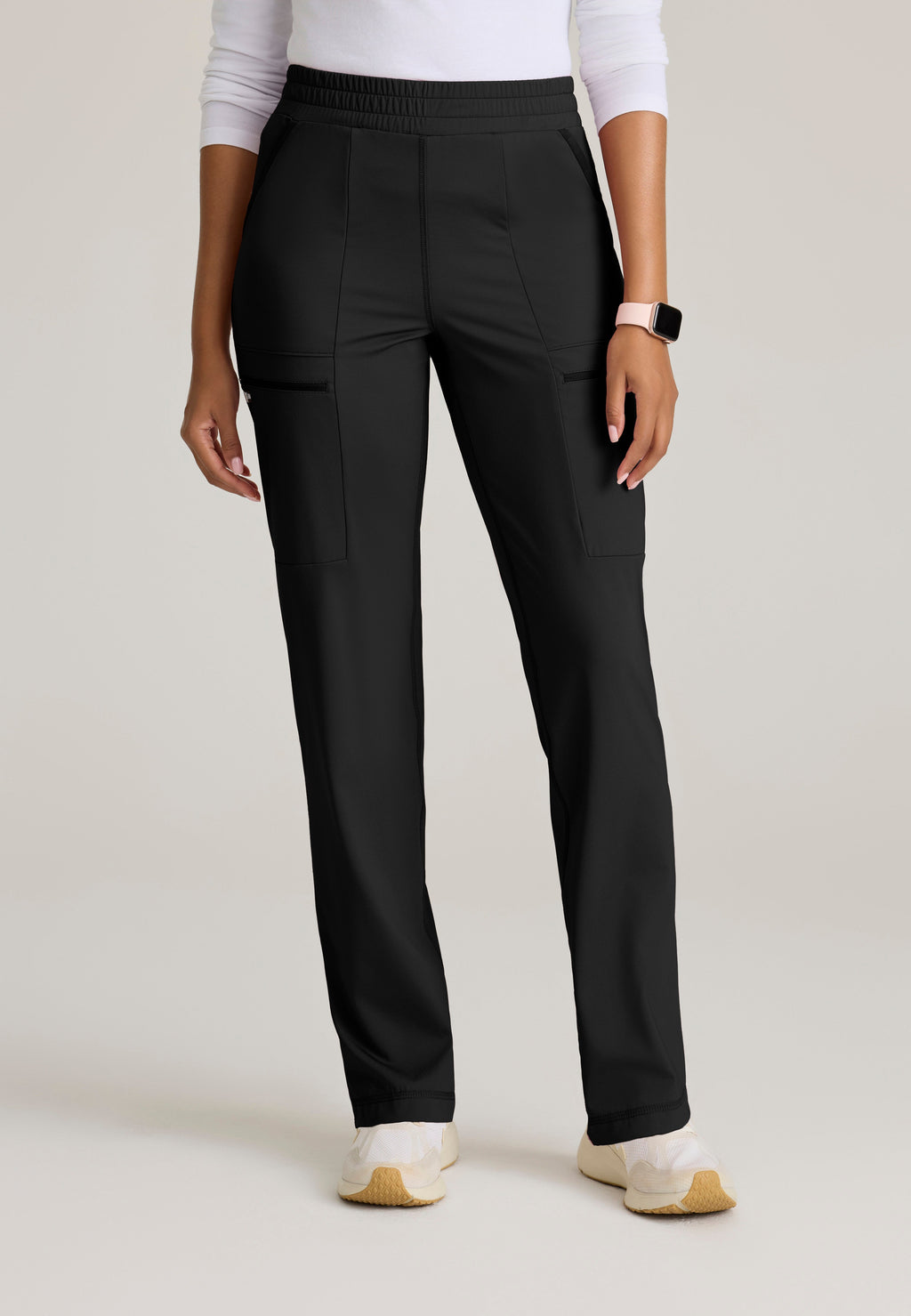 Front View of the Momentum Straight Leg Knit Pant in Black from Grey's Anatomy™ by Barco Knit Stretch