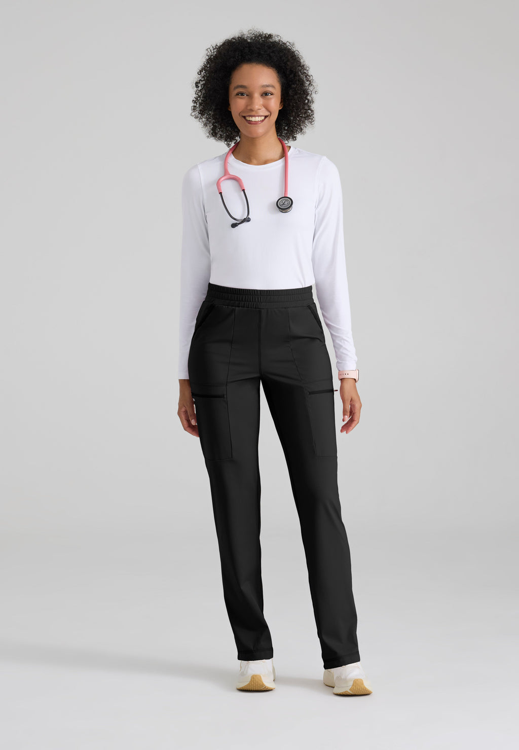 Full Body View of the Momentum Straight Leg Knit Pant in Black from Grey's Anatomy™ by Barco Knit Stretch
