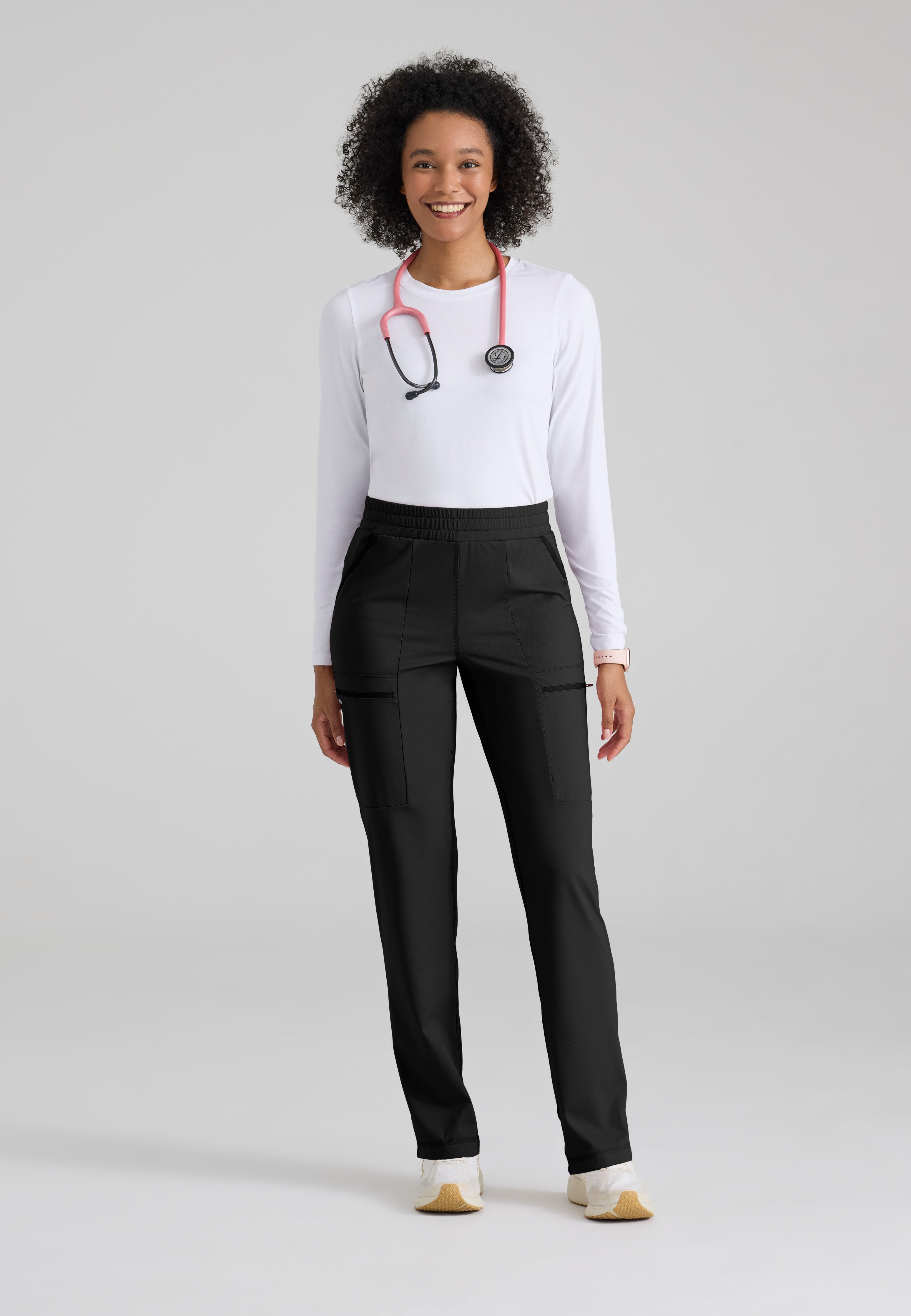 Full Body View of the Momentum Straight Leg Knit Pant in Black from Grey's Anatomy™ by Barco Knit Stretch