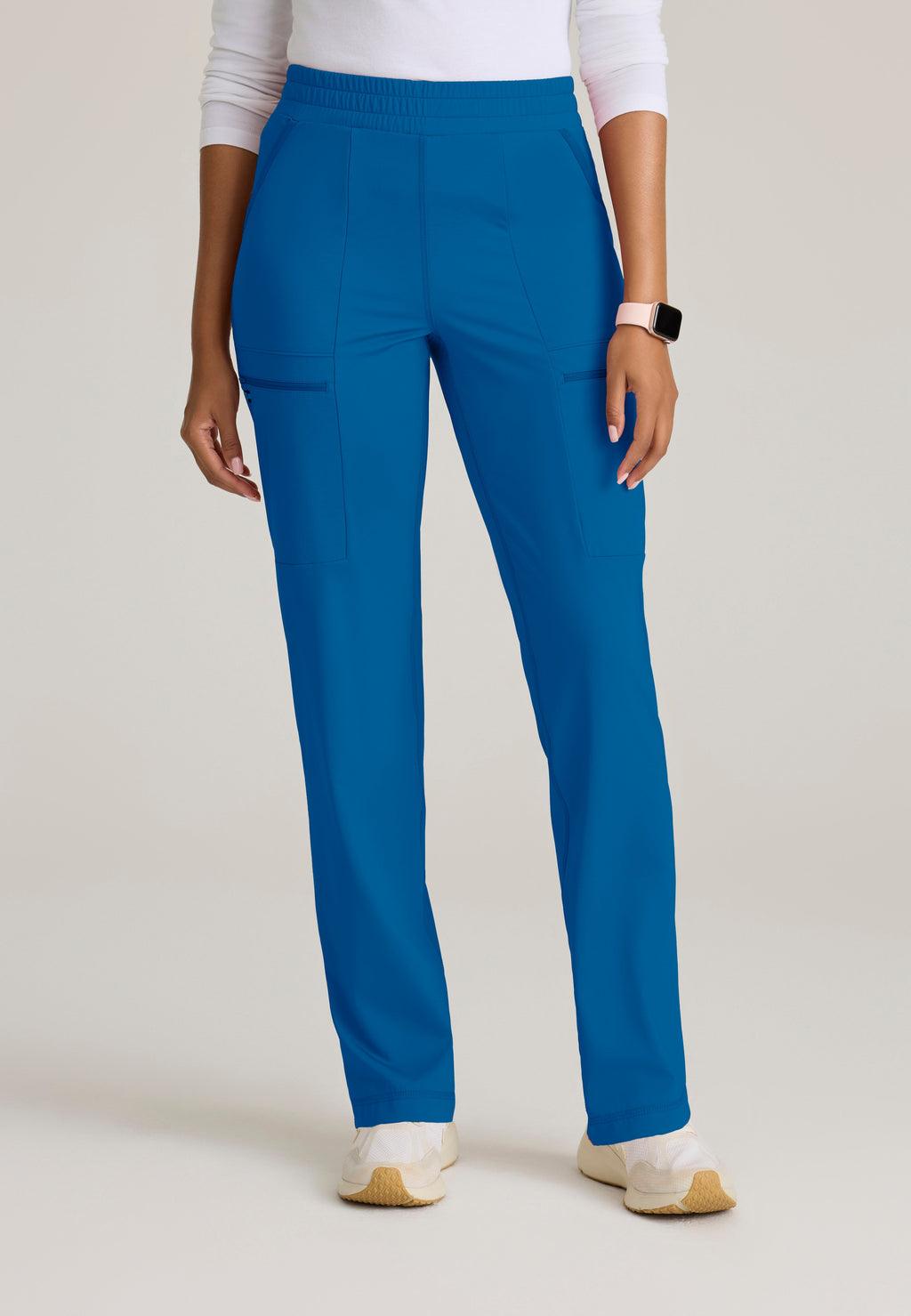 Front View of the Momentum Straight Leg Knit Pant in New Royal from Grey's Anatomy™ by Barco Knit Stretch