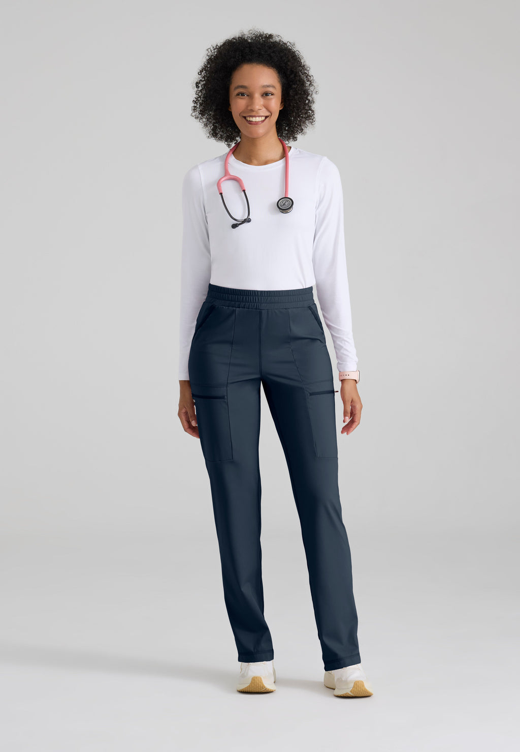 Full Body View of the Momentum Straight Leg Knit Pant in Steel from Grey's Anatomy™ by Barco Knit Stretch