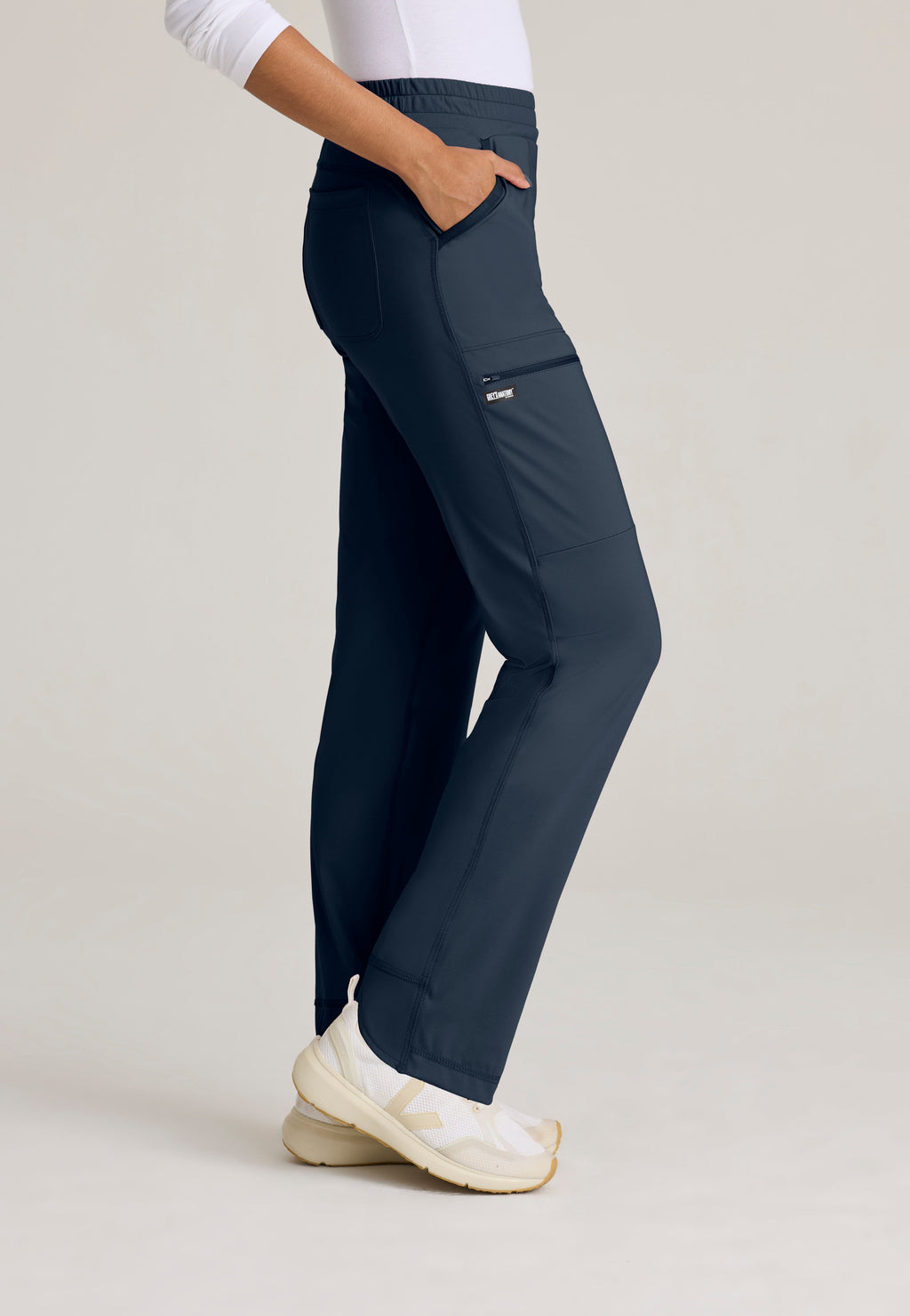 Side View of the Momentum Straight Leg Knit Pant in Steel from Grey's Anatomy™ by Barco Knit Stretch