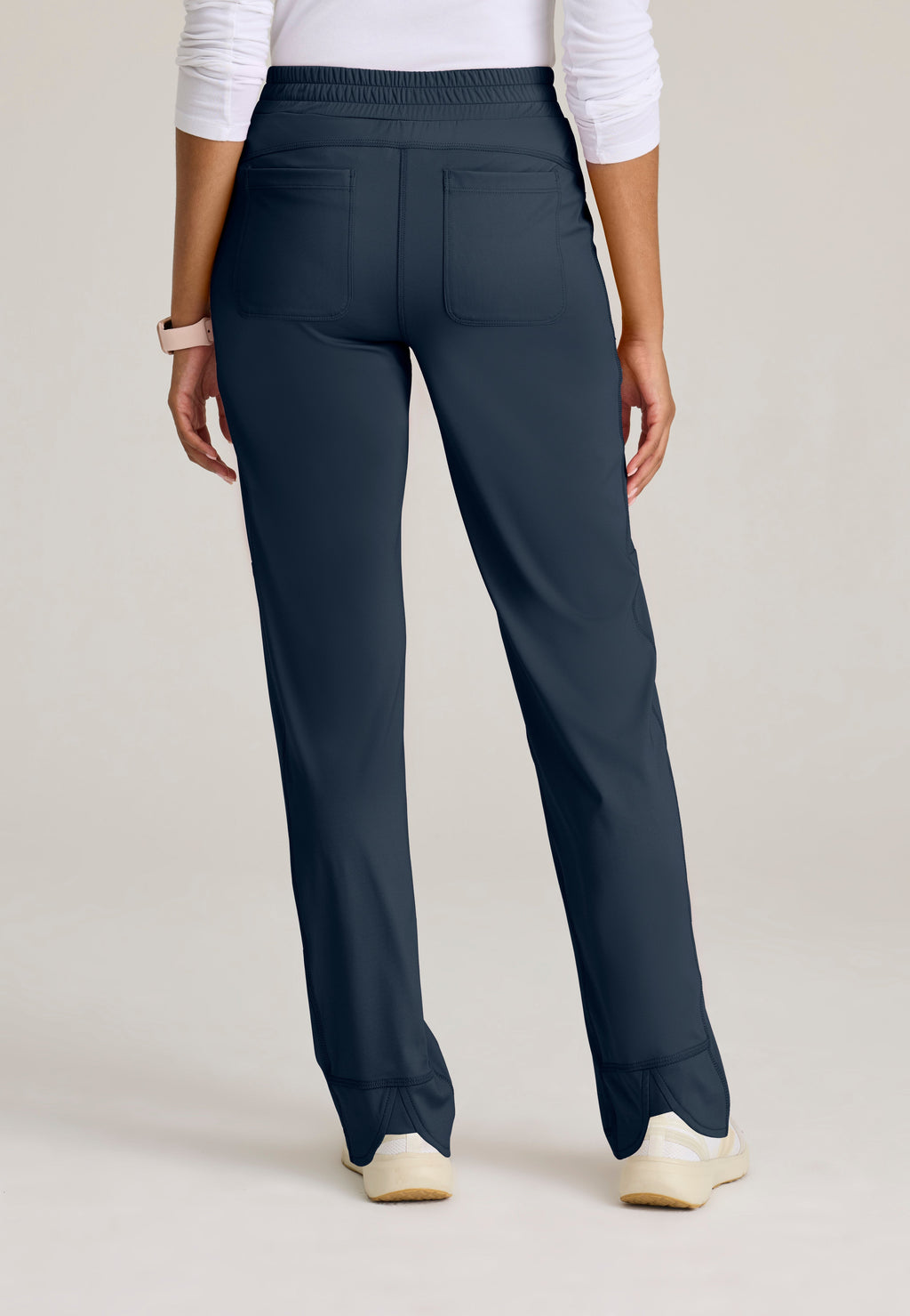 Back View of the Momentum Straight Leg Knit Pant in Steel from Grey's Anatomy™ by Barco Knit Stretch