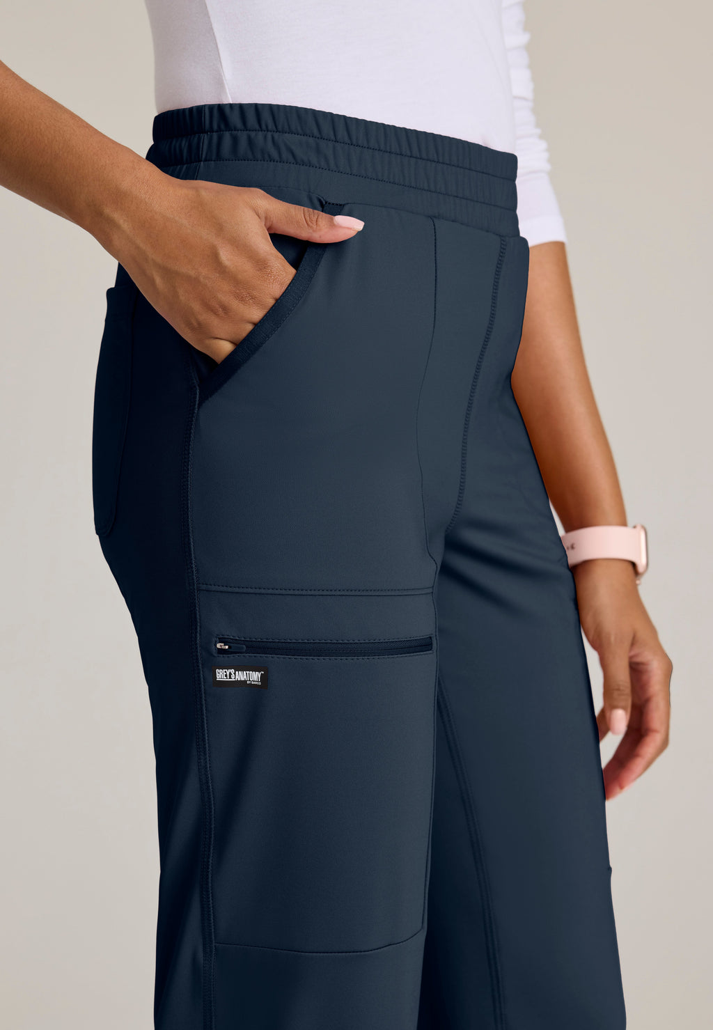 Detail Shot of the Momentum Straight Leg Knit Pant in Steel from Grey's Anatomy™ by Barco Knit Stretch