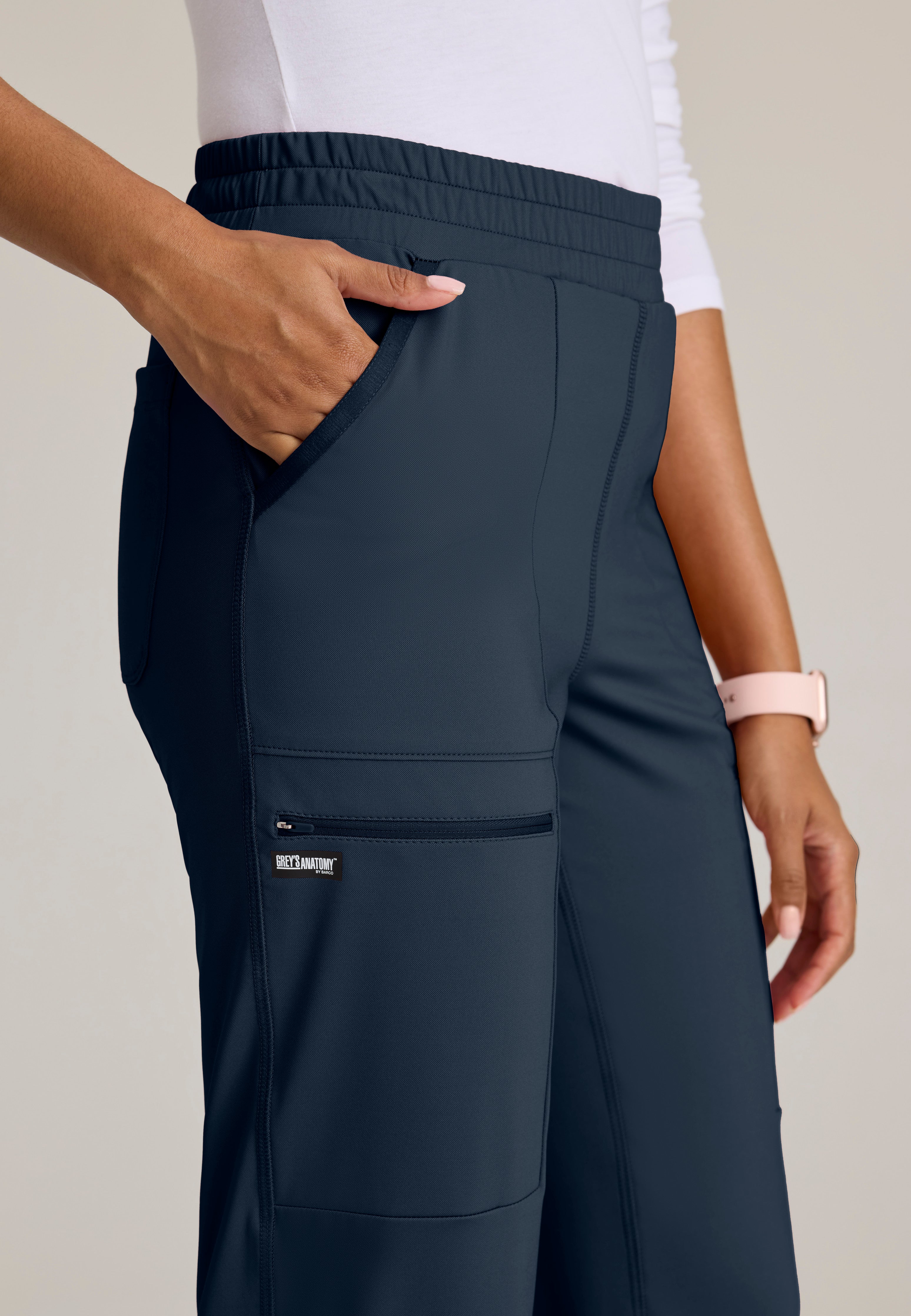 Detail Shot of the Momentum Straight Leg Knit Pant in Steel from Grey's Anatomy™ by Barco Knit Stretch