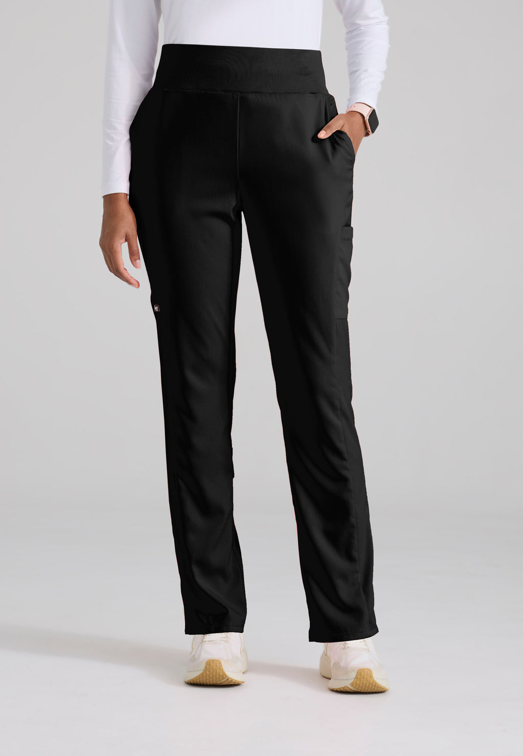 Front View of the Renee 6-Pocket Cargo Knit Scrub Pant in Black from Grey's Anatomy™ by Barco Spandex Stretch