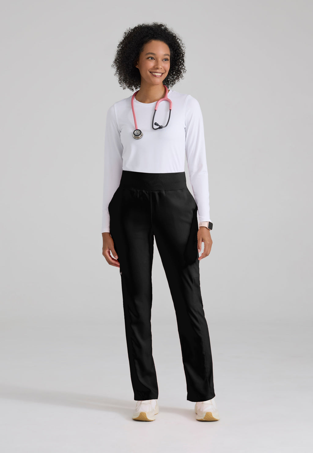Full Body View of the Renee 6-Pocket Cargo Knit Scrub Pant in Black from Grey's Anatomy™ by Barco Spandex Stretch
