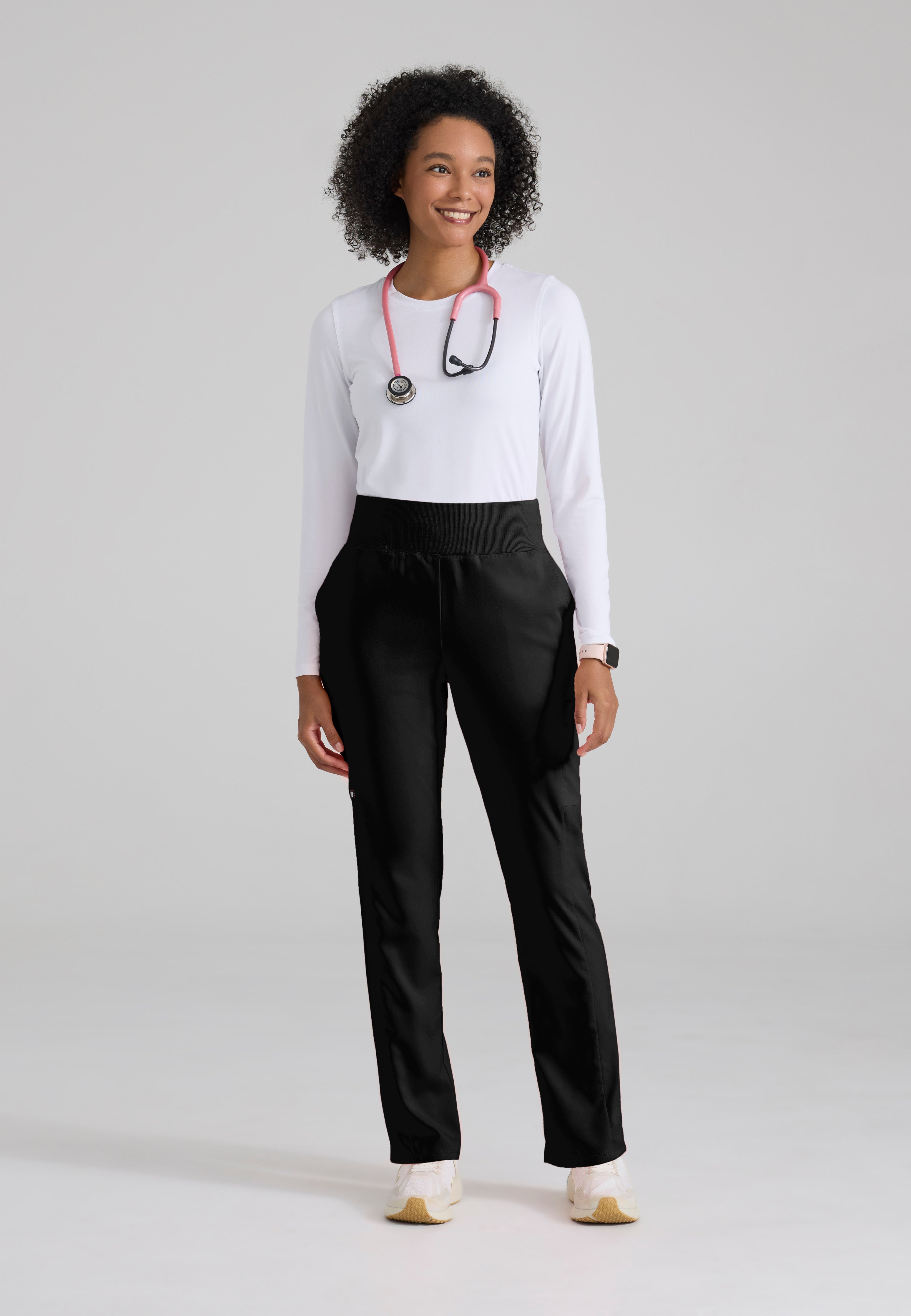 Full Body View of the Renee 6-Pocket Cargo Knit Scrub Pant in Black from Grey's Anatomy™ by Barco Spandex Stretch