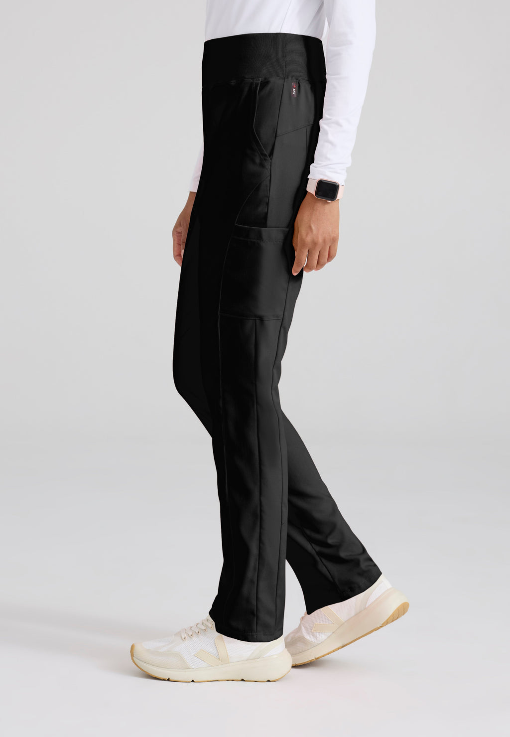 Side View of the Renee 6-Pocket Cargo Knit Scrub Pant in Black from Grey's Anatomy™ by Barco Spandex Stretch