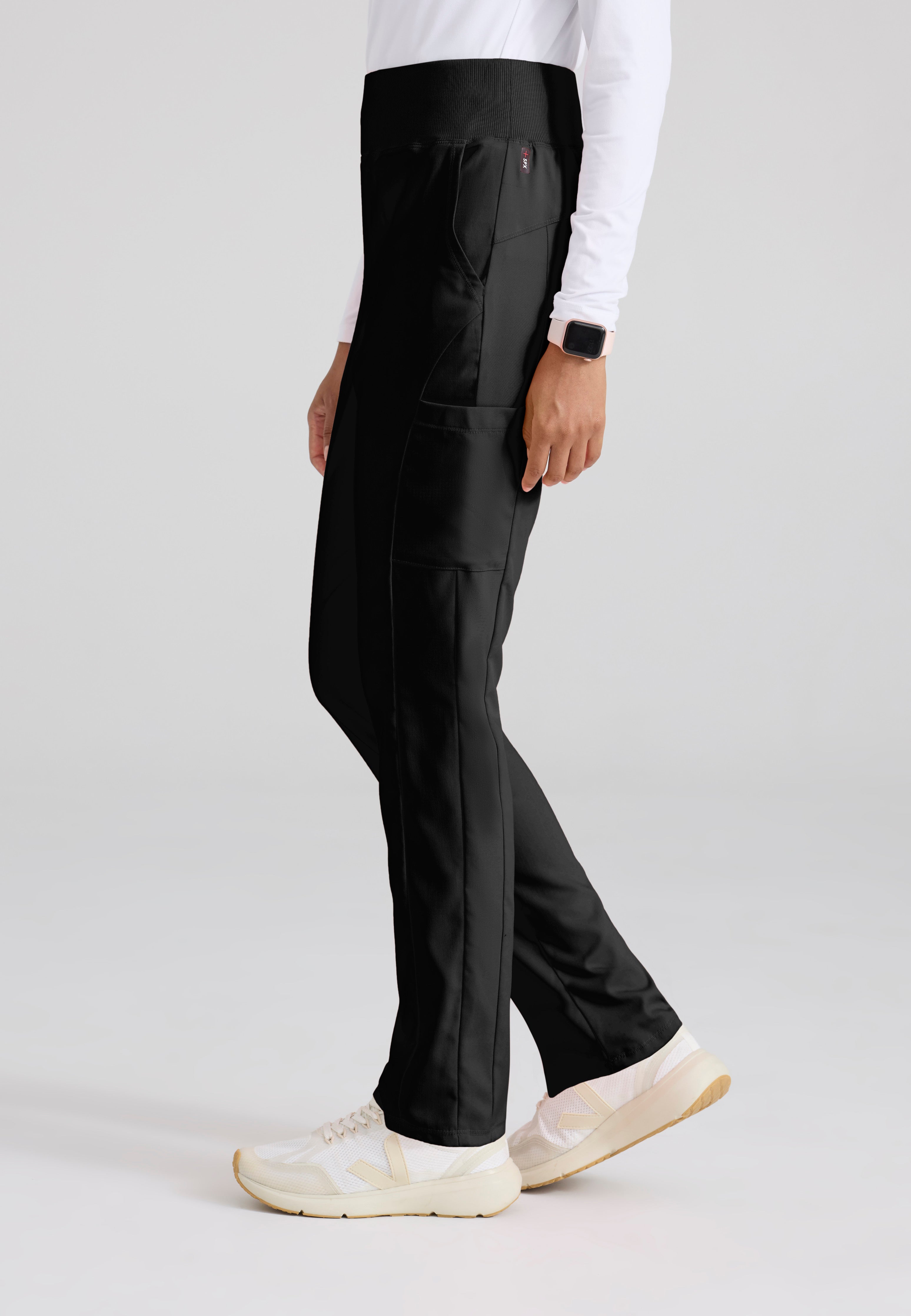 Side View of the Renee 6-Pocket Cargo Knit Scrub Pant in Black from Grey's Anatomy™ by Barco Spandex Stretch