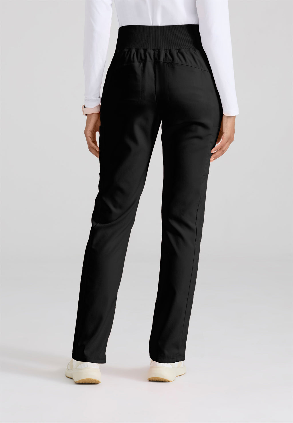 Back View of the Renee 6-Pocket Cargo Knit Scrub Pant in Black from Grey's Anatomy™ by Barco Spandex Stretch